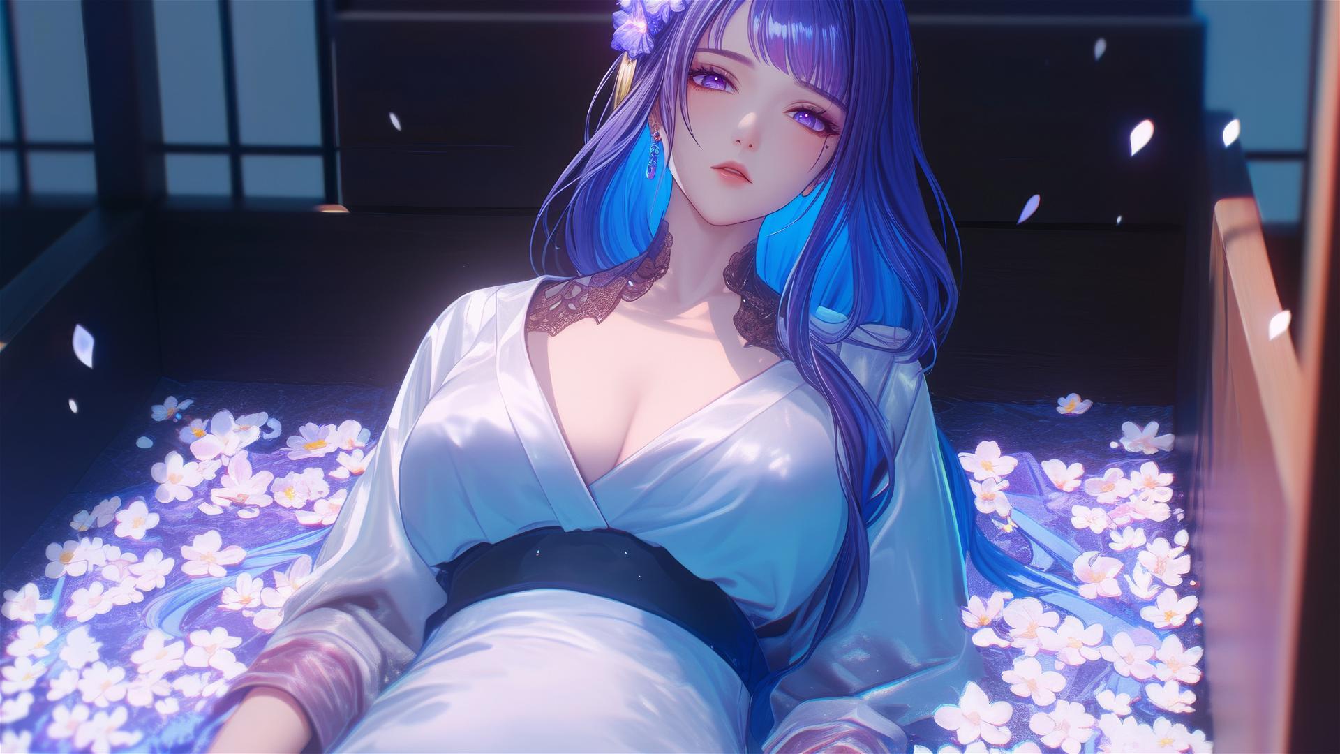 Top-down view of Raiden Shogun from Genshin Impact in a flower-filled tub.