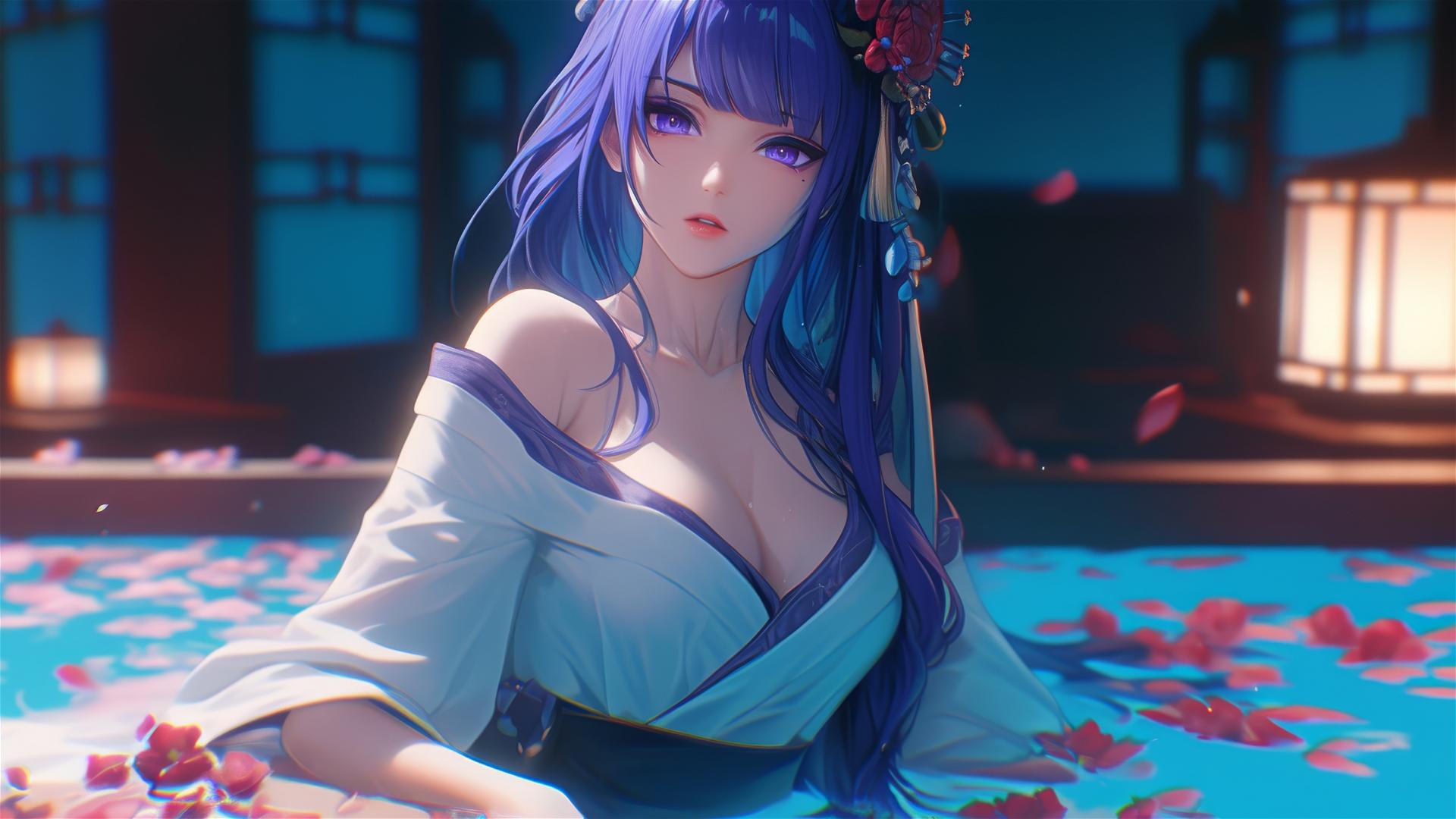 Top view of Raiden Shogun from Genshin Impact in a flower-filled tub