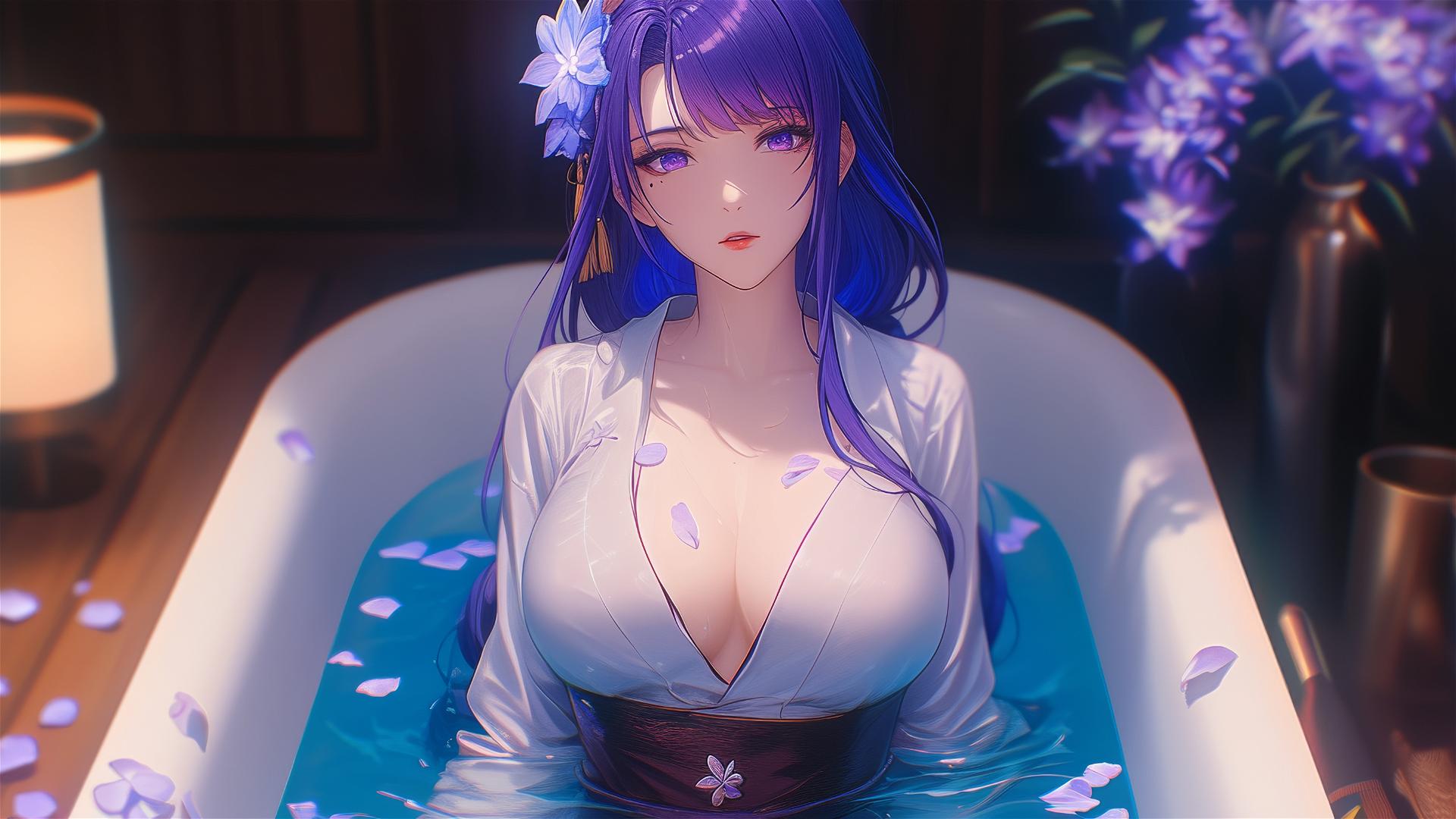 Raiden Shogun from Genshin Impact in a flower-filled tub at a Chinese spa, purple hair and eyes