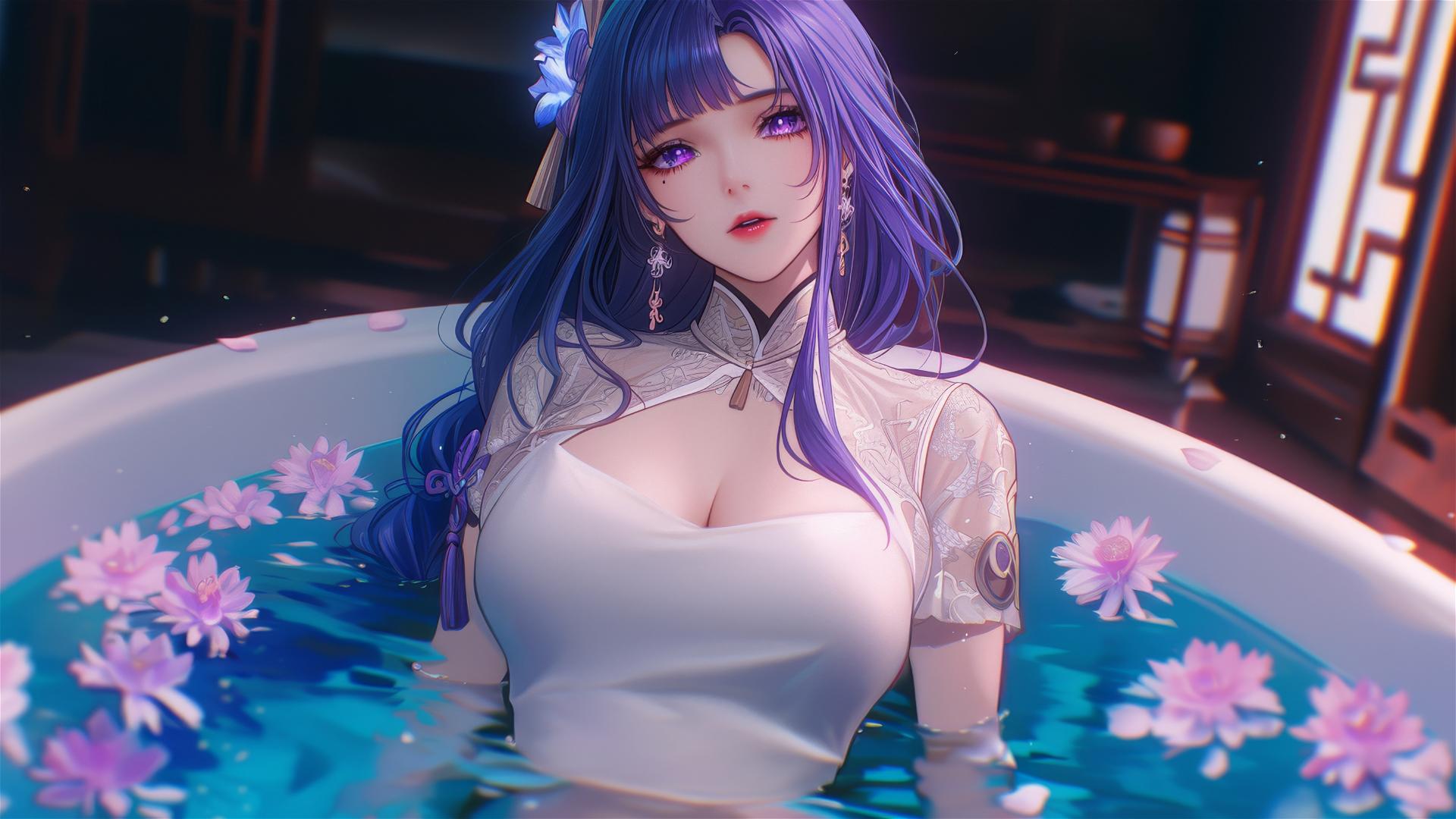 Raiden Shogun from Genshin Impact in a flower-filled tub, Chinese spa, wearing silk pajamas.