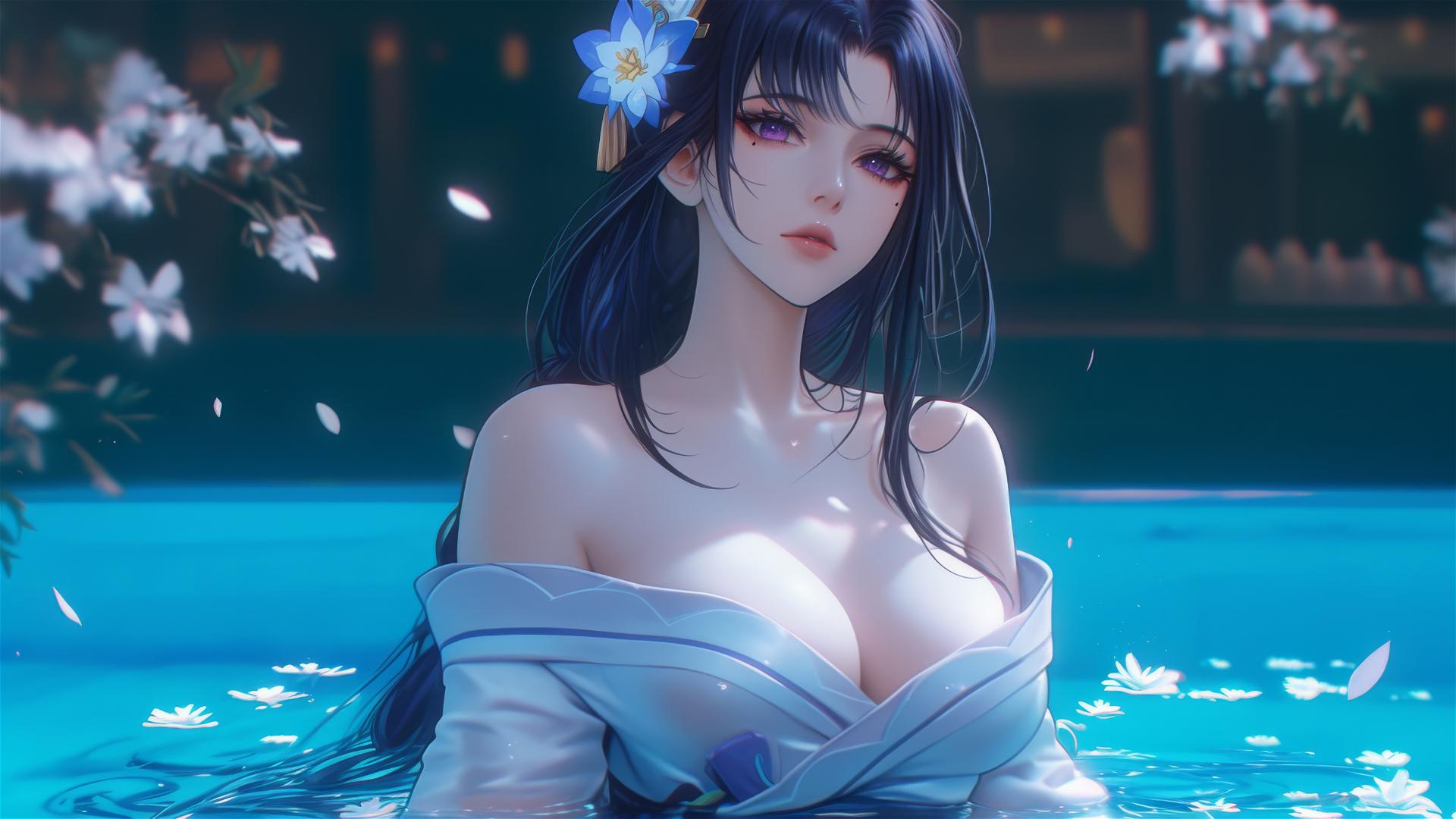 Raiden Shogun from Genshin Impact in a tub with flowers