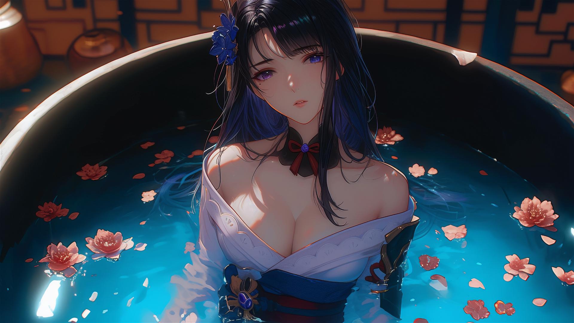 Top down view of Raiden Shogun in tub with flowers