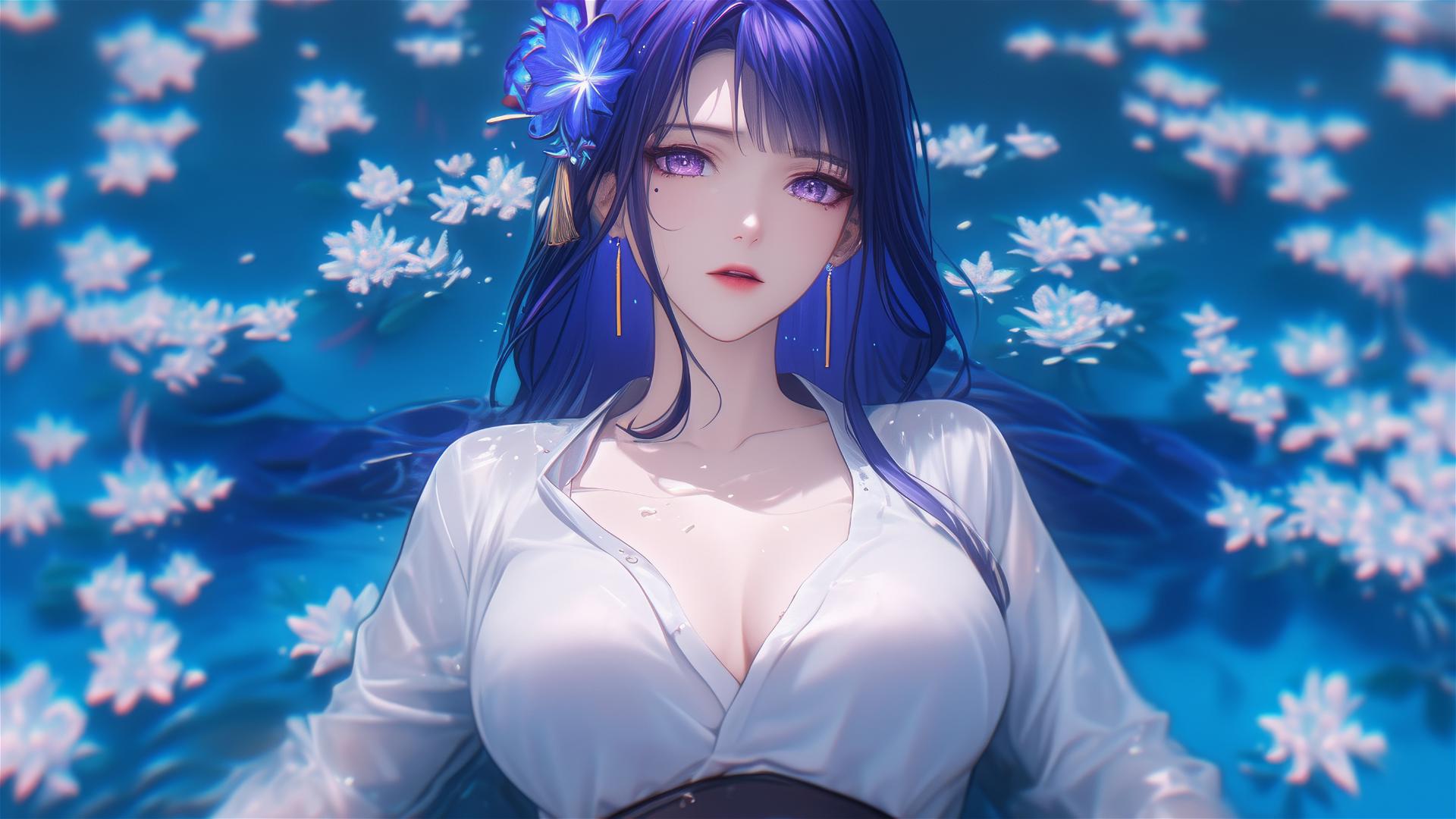 Top-down view of Raiden Shogun in a floral bath, purple hair and eyes, silk pajamas.