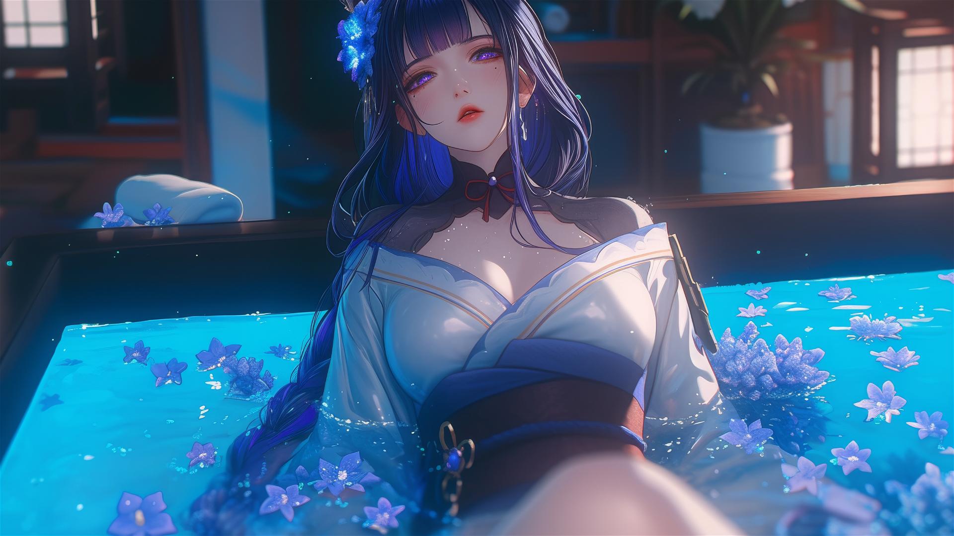 Raiden Shogun from Genshin Impact in a tub of flowers, Chinese spa.