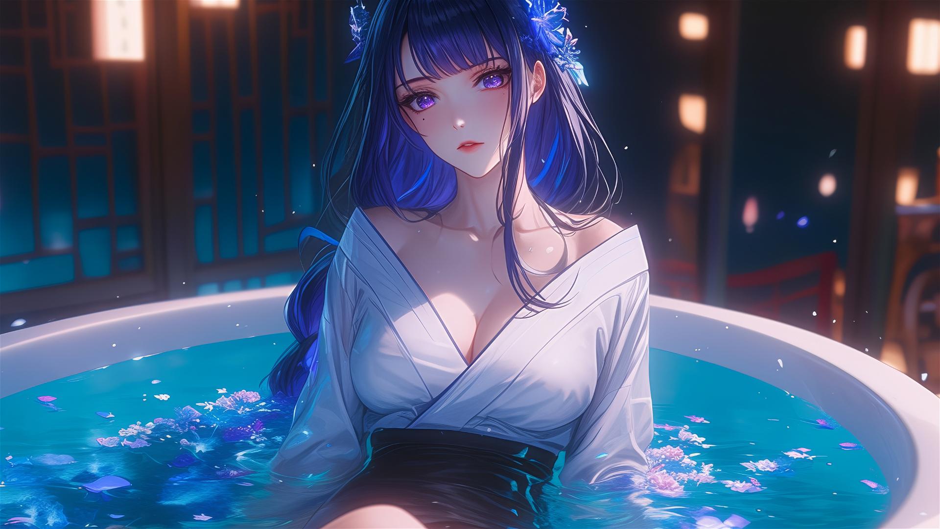 Top down view of Raiden Shogun from Genshin Impact in a flower-filled tub