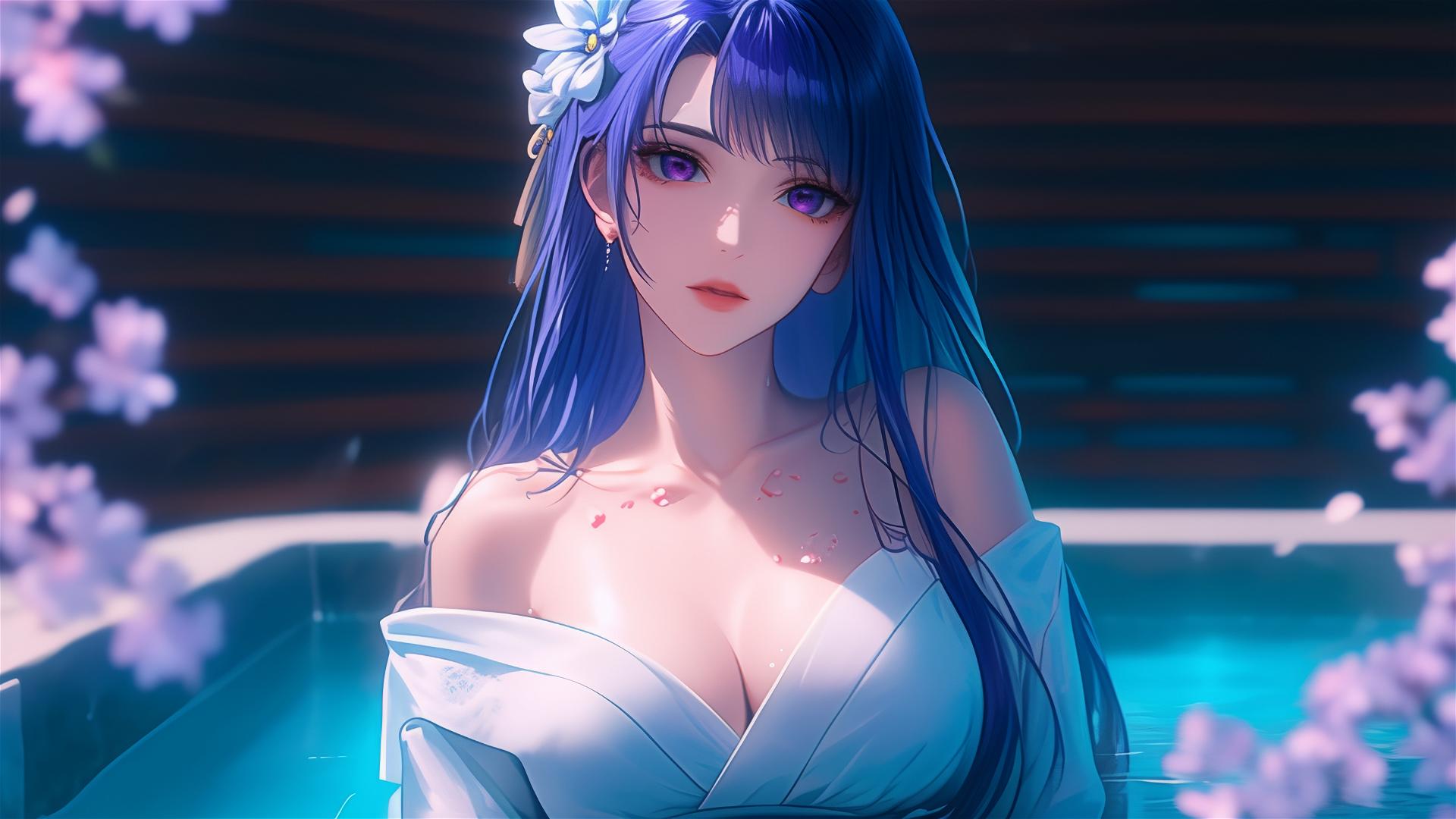 Raiden Shogun from Genshin Impact in a tub of flowers, Chinese spa