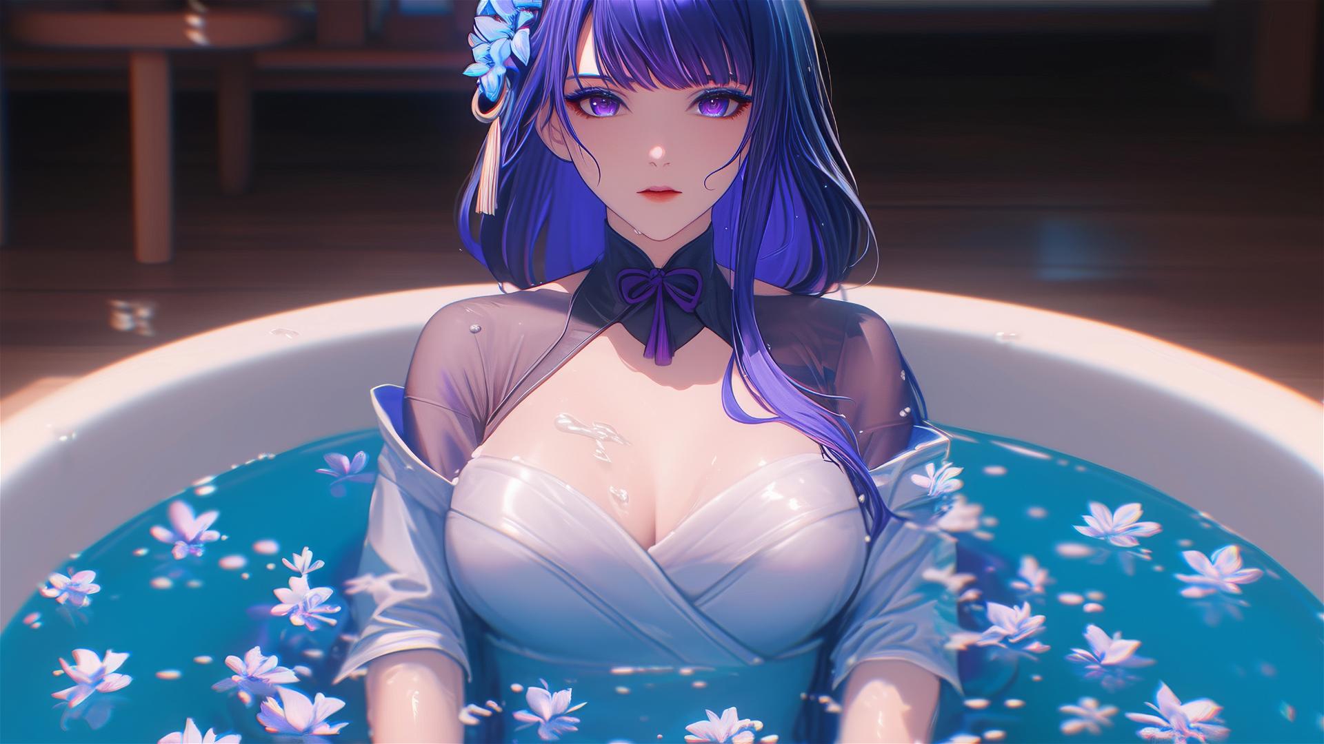 Raiden Shogun from Genshin Impact in a tub full of flowers, Chinese spa
