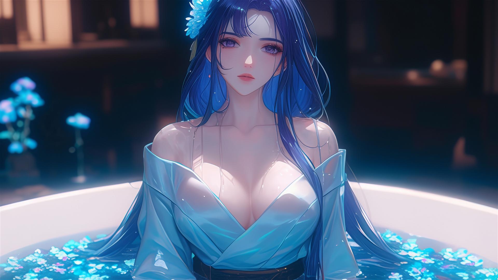 Top-down view of Raiden Shogun in flower-filled tub, purple hair and eyes, silk pajamas