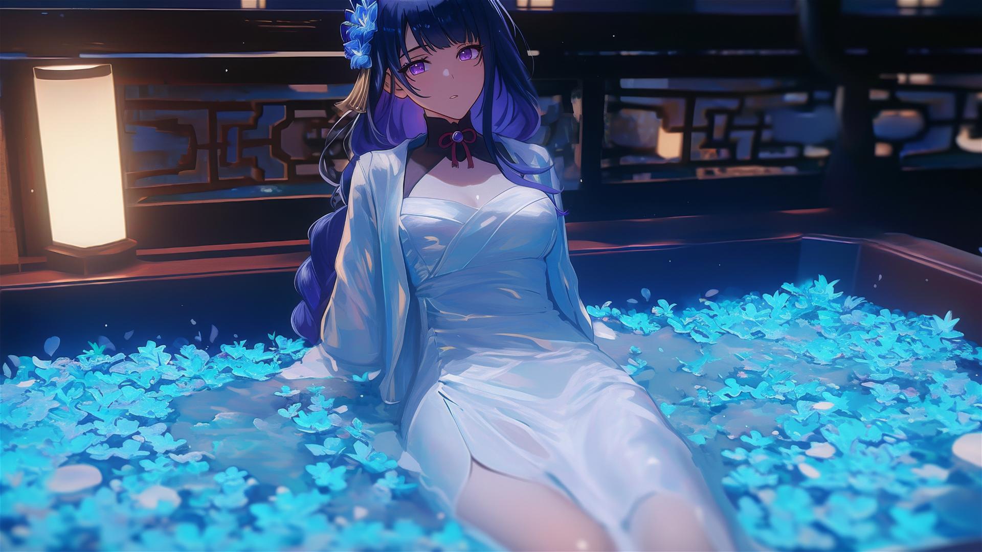 Raiden Shogun from Genshin Impact in a tub of flowers, purple hair and eyes, silk pajamas