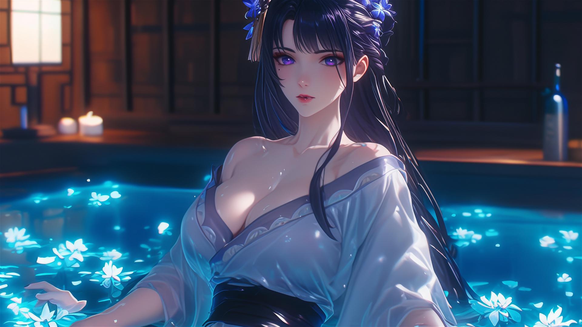 Raiden Shogun from Genshin Impact in a flower-filled tub at a Chinese spa