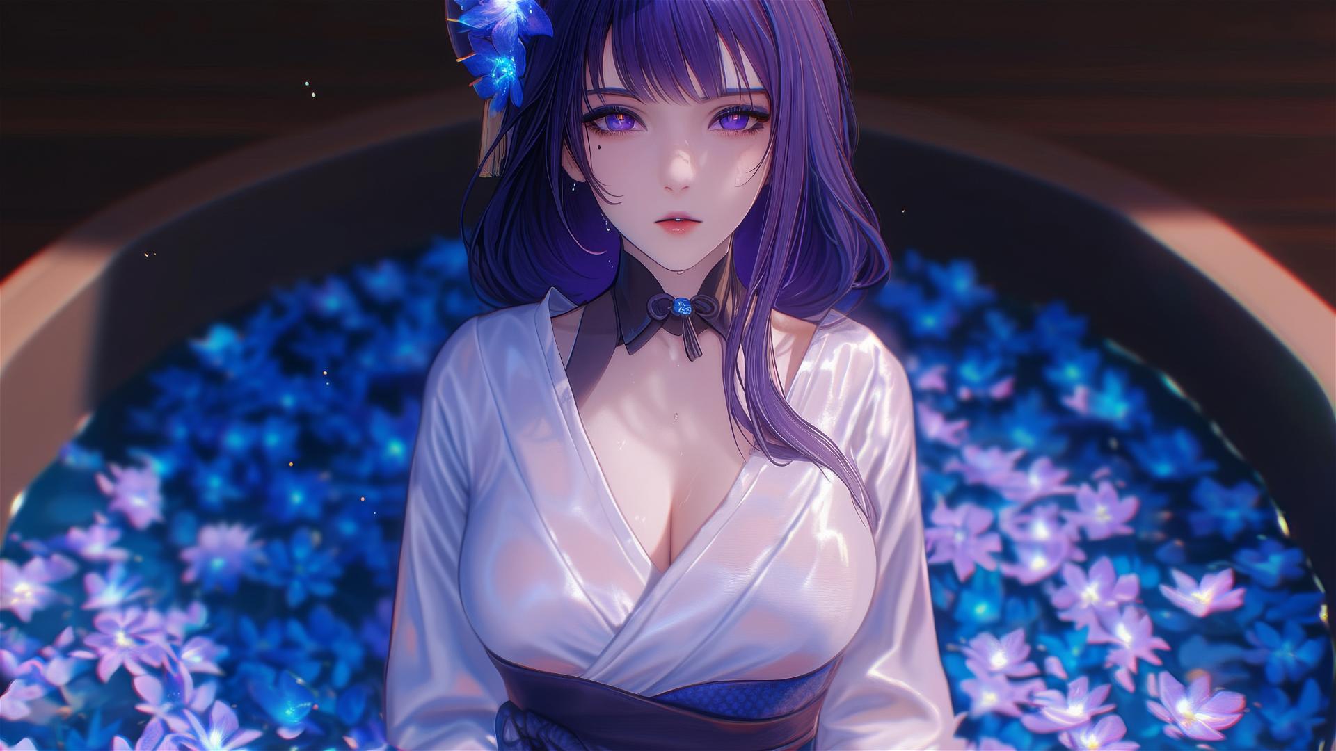 Raiden Shogun from Genshin Impact in a flower-filled tub at a Chinese spa