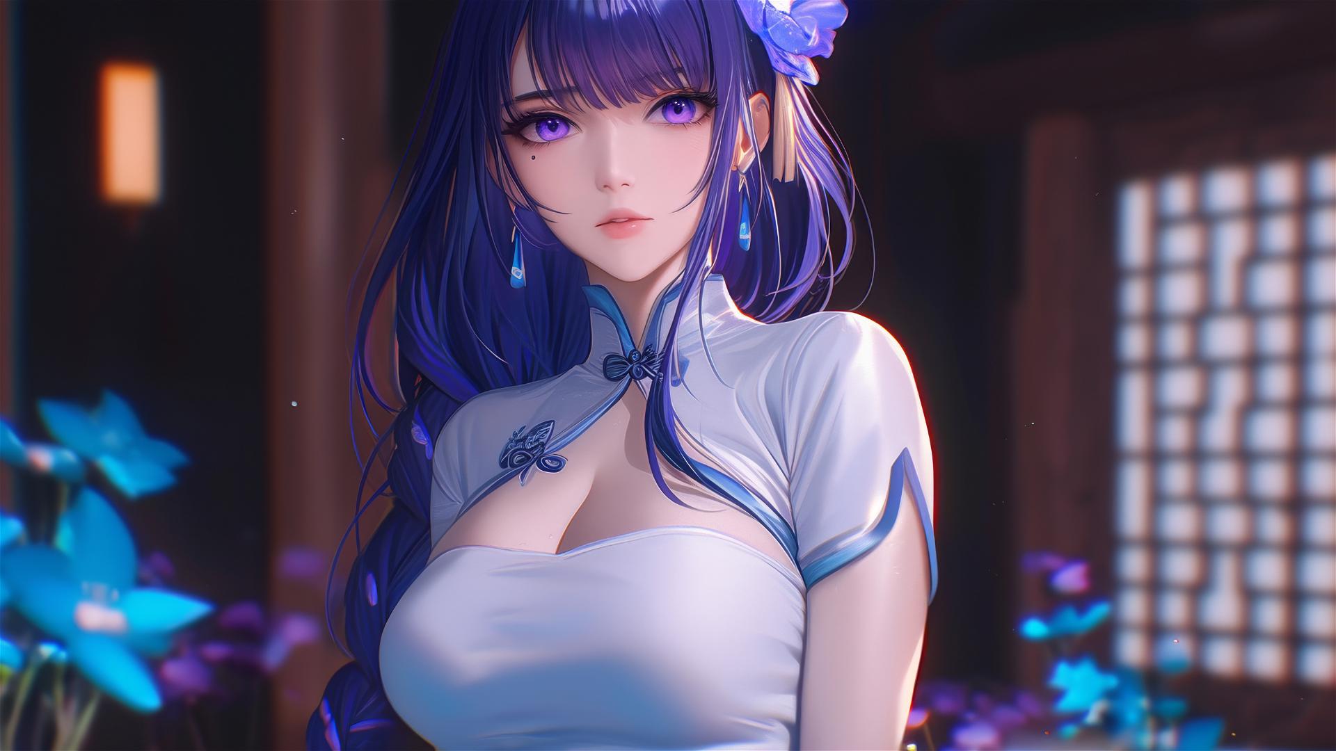 Raiden Shogun in a flower-filled tub, Chinese spa, purple hair and eyes, silk pajamas.