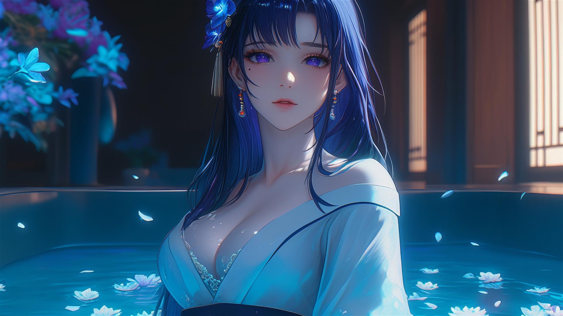 Top view of Raiden Shogun in a floral tub, purple hair, Chinese spa