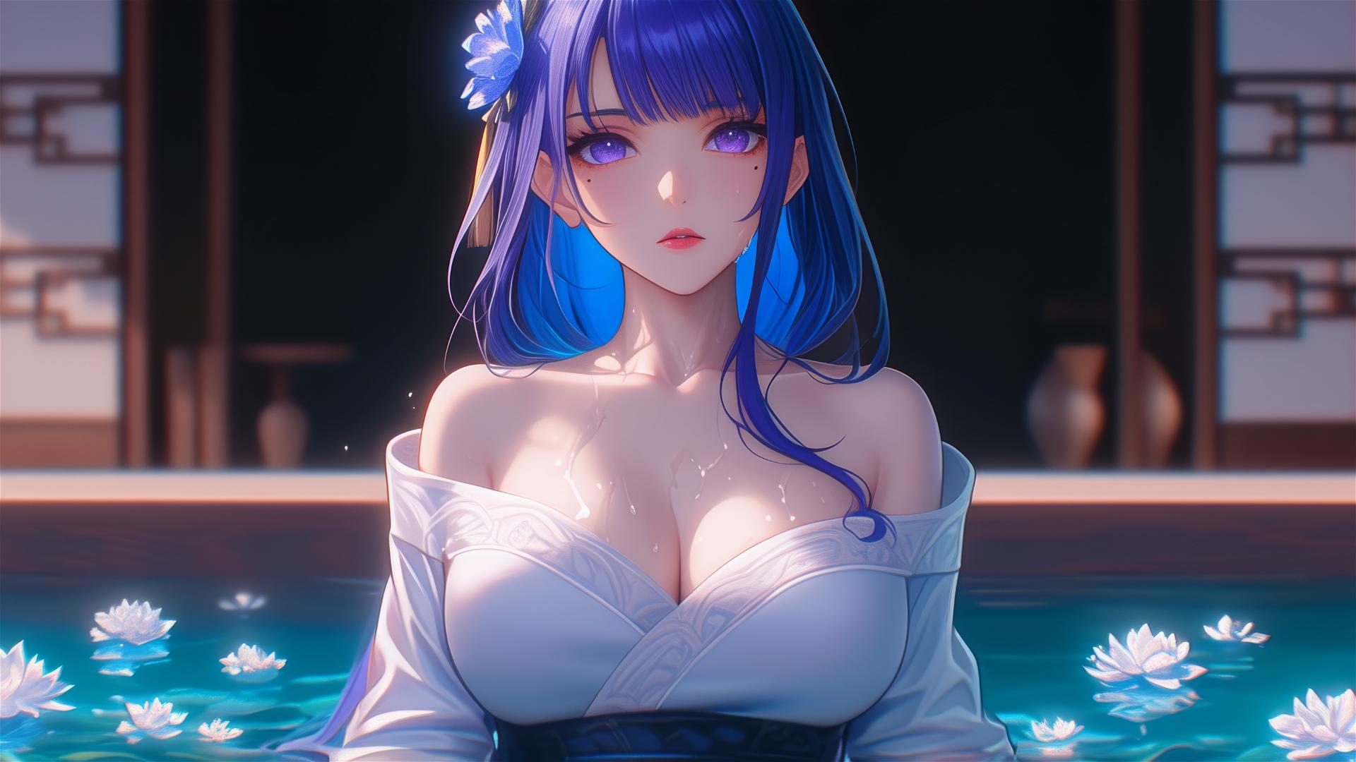 Raiden Shogun from Genshin Impact in a tub of flowers, Chinese spa, silk pajamas