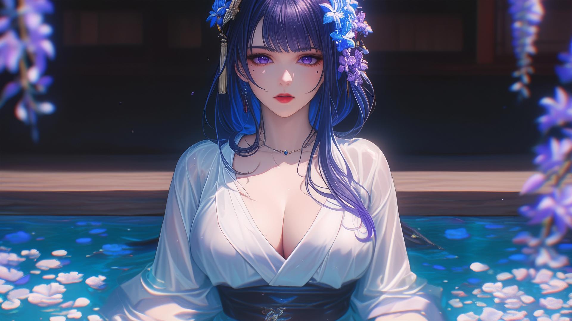 Top-down view of Raiden Shogun from Genshin Impact in a flower-filled tub, with purple hair and eyes, wearing silk pajamas and a flower in her hair.