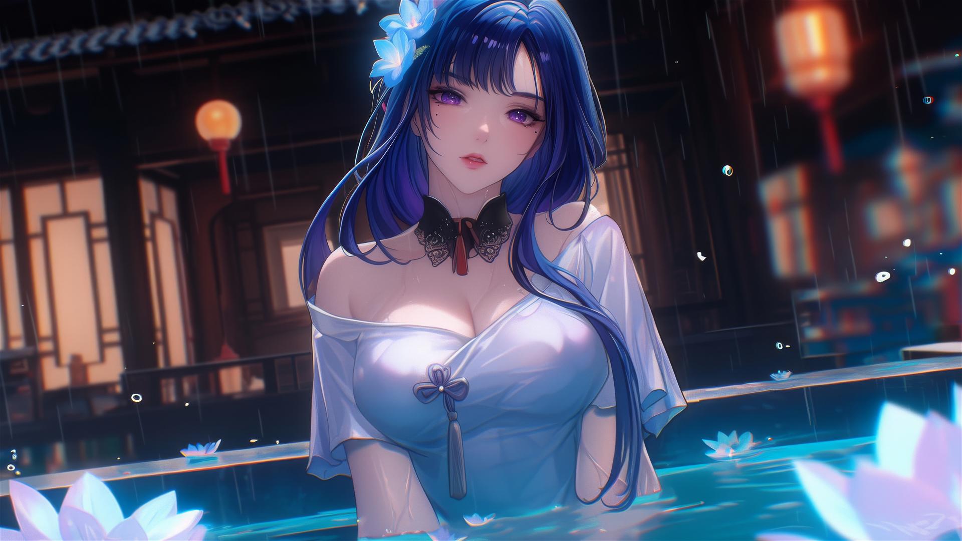 Raiden Shogun from Genshin Impact in a flower-filled tub at a Chinese spa