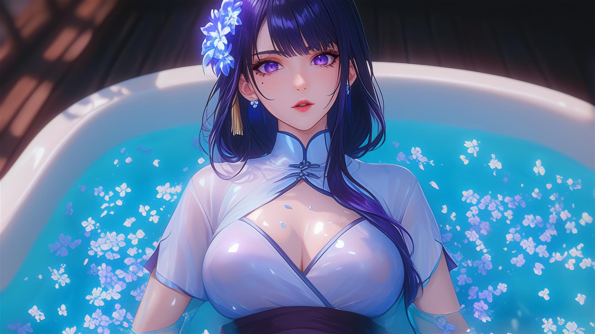 Raiden Shogun from Genshin Impact in a tub of flowers, Chinese spa, purple hair, silk pajamas
