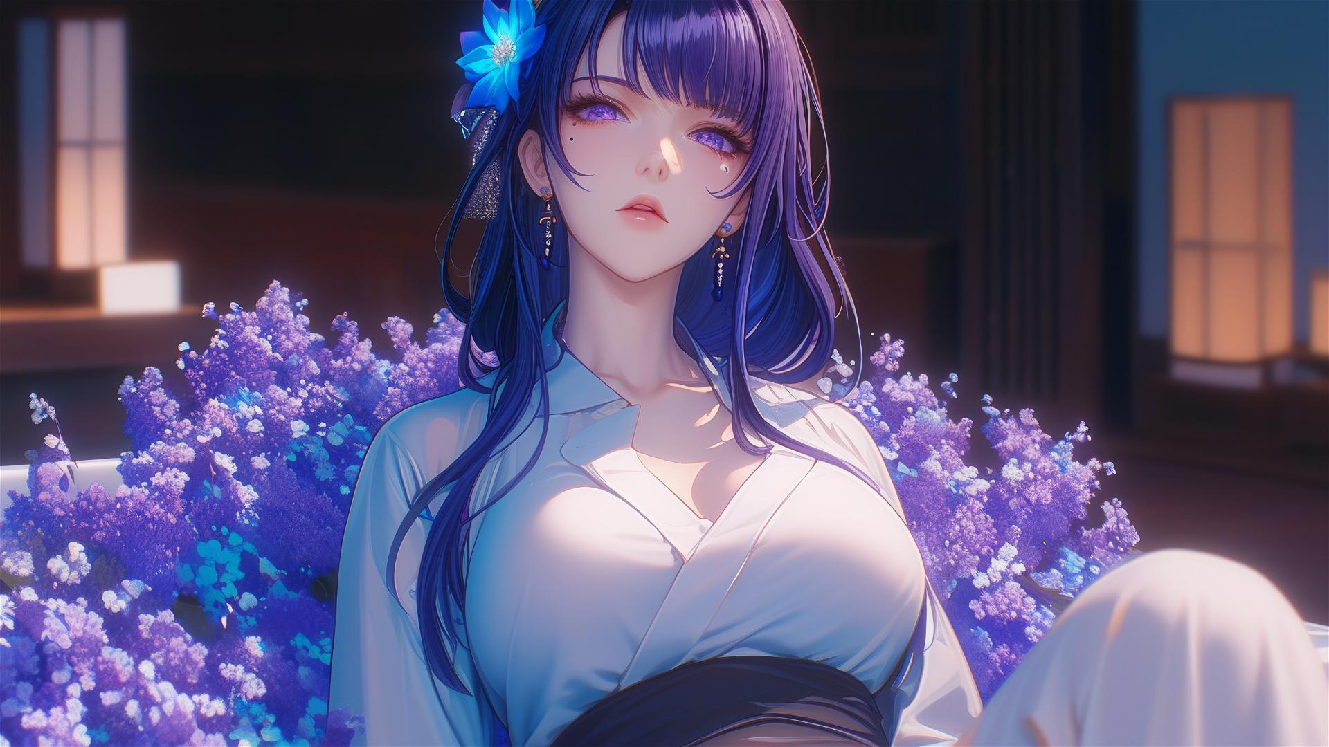 Raiden Shogun from Genshin Impact in a flower-filled tub, Chinese spa