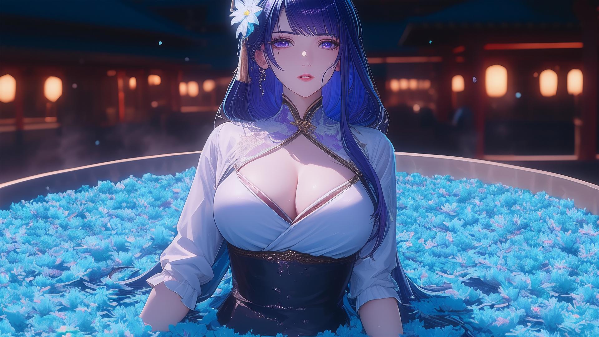 Raiden Shogun in tub of flowers, Chinese spa, purple hair, purple eyes, silk pajamas