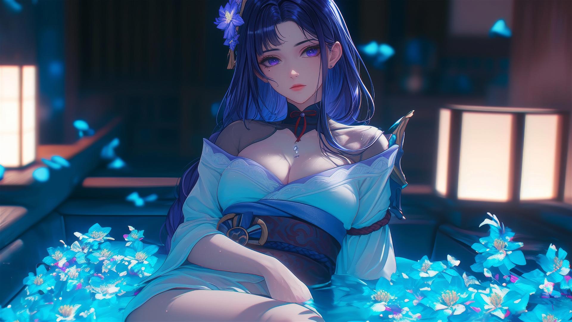 Top-down view of Raiden Shogun in tub of flowers, Chinese spa, purple hair and eyes.