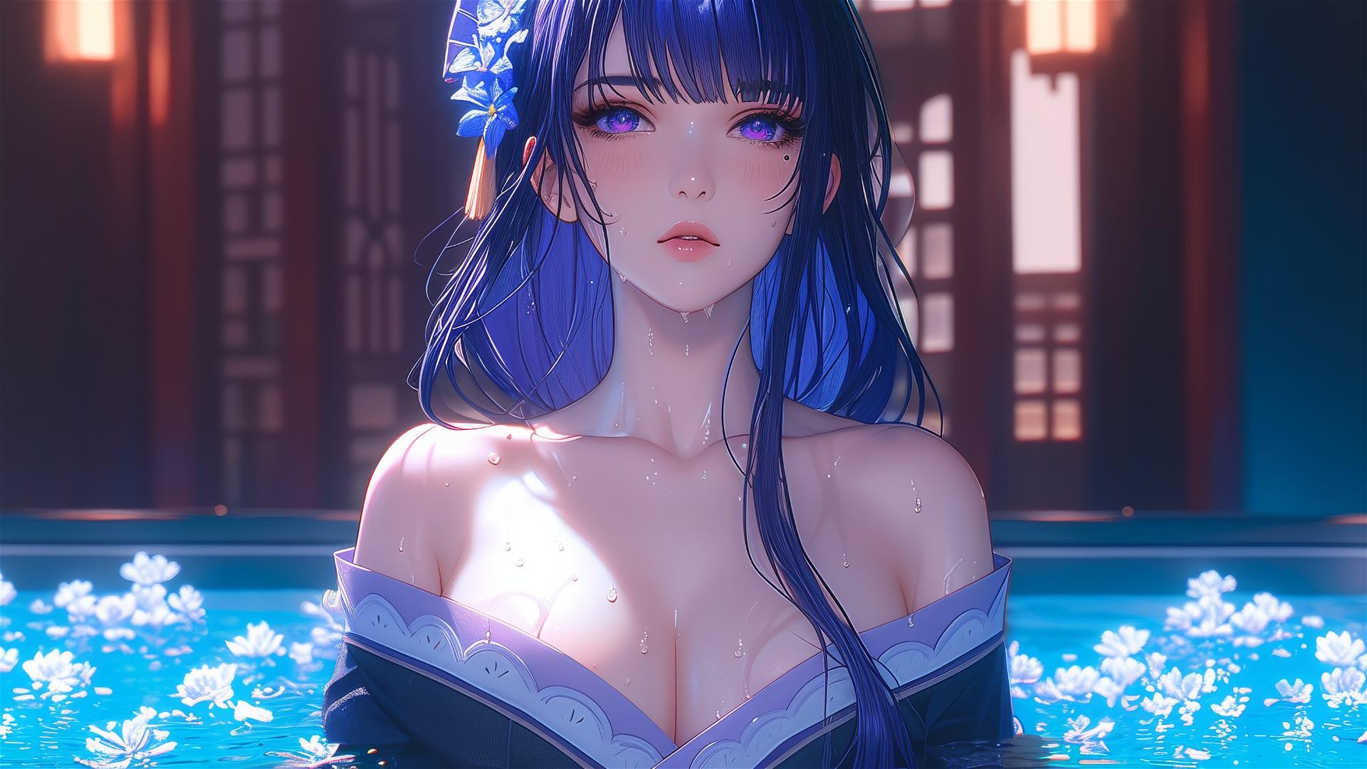 Raiden Shogun from Genshin Impact in a tub full of flowers