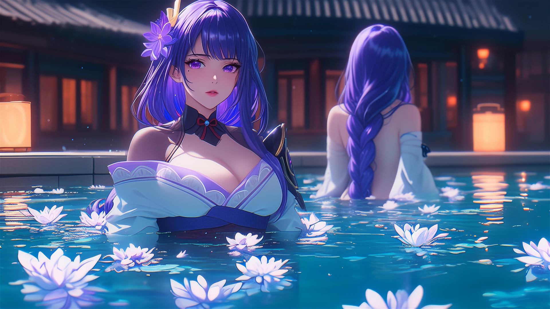 Raiden Shogun from Genshin Impact in a flower-filled tub, Chinese spa