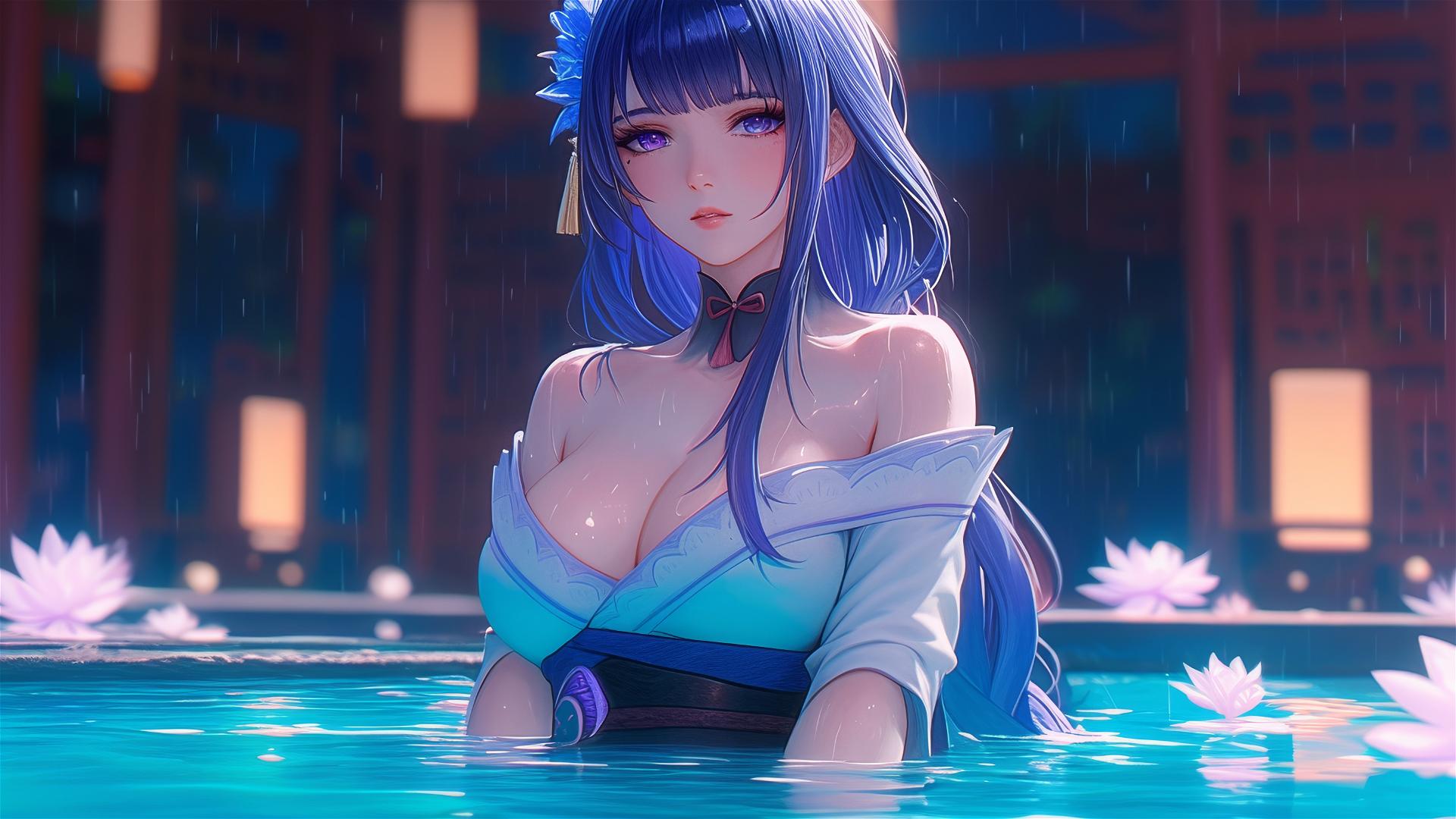 Raiden Shogun from Genshin Impact in a flower-filled tub at a Chinese spa.