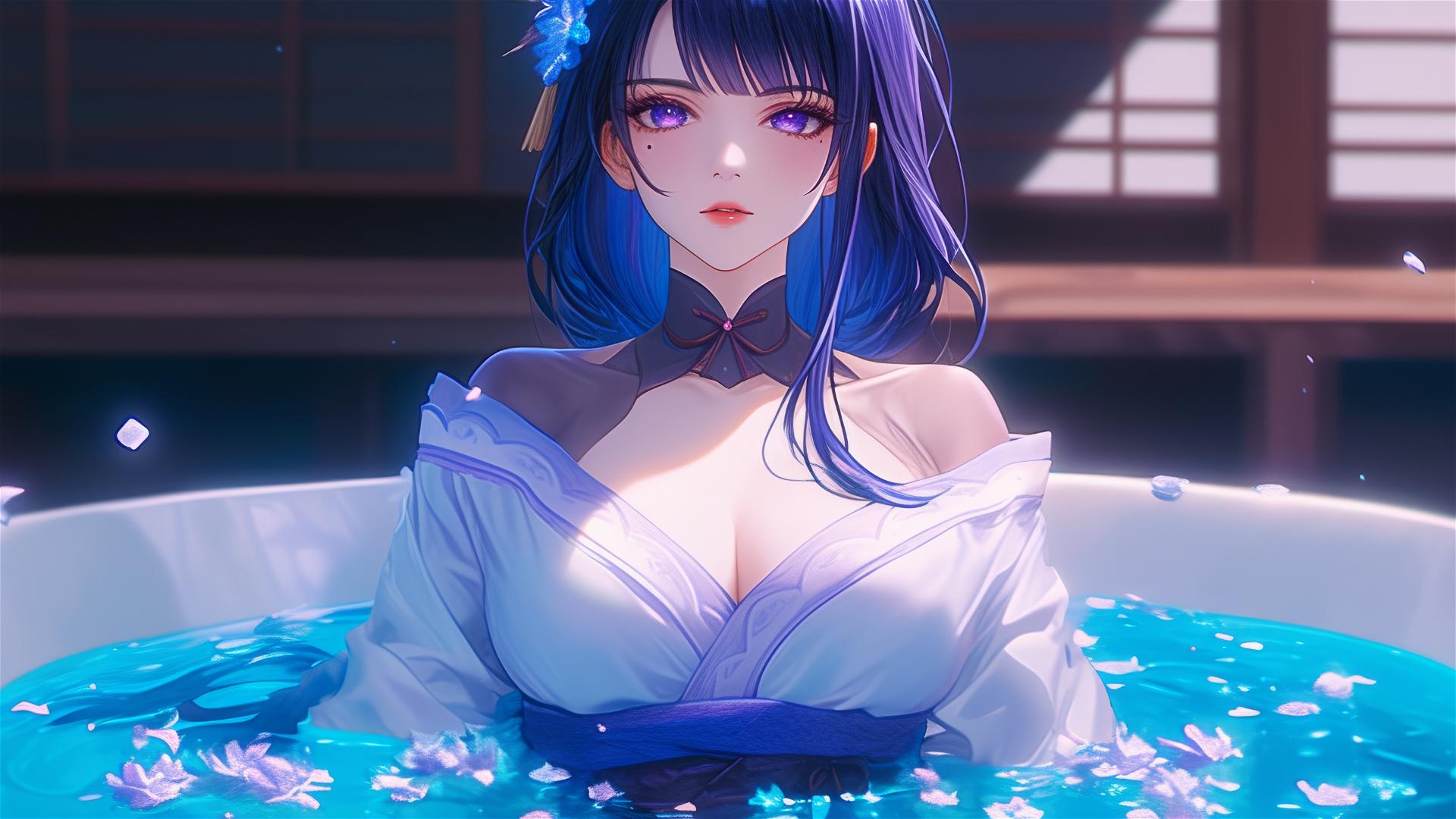 Raiden Shogun from Genshin Impact in a flower-filled tub, Chinese spa setting