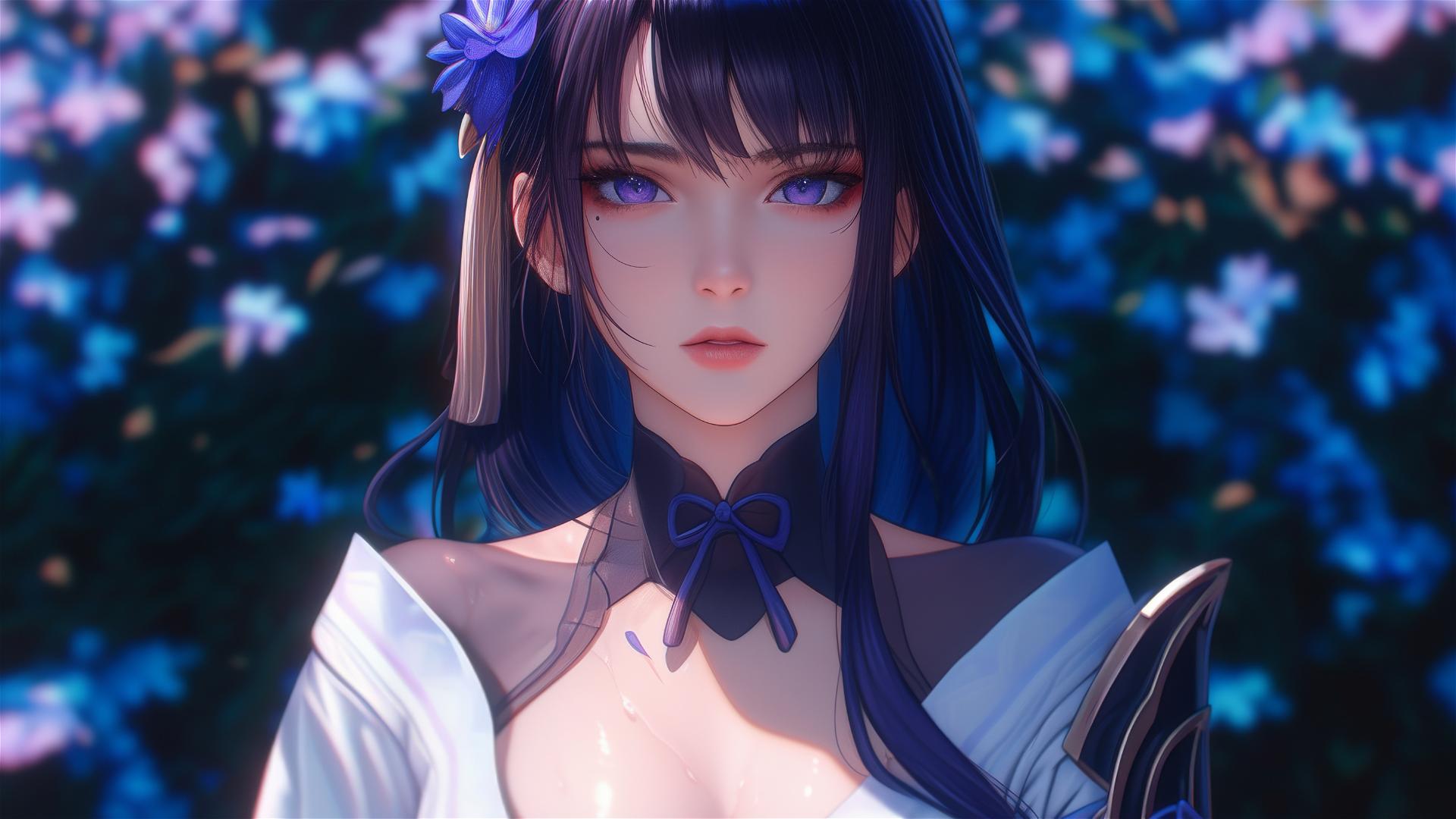 Raiden Shogun in tub full of flowers, purple hair and eyes, flower on head