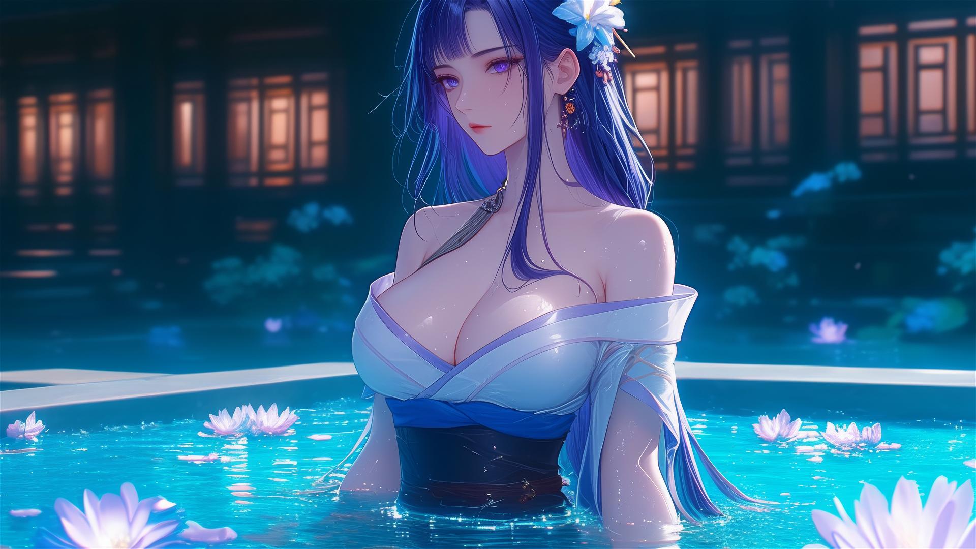Raiden Shogun from Genshin Impact in a tub full of flowers