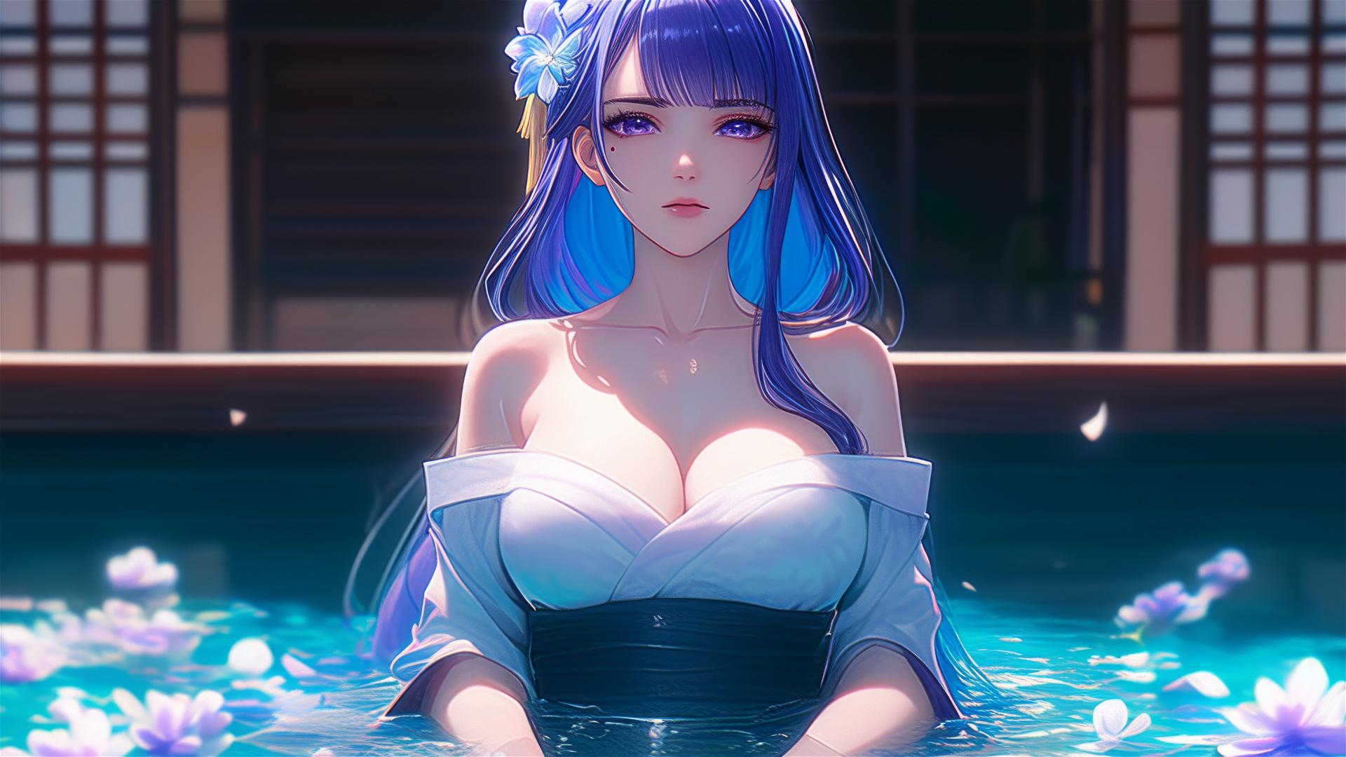 Raiden Shogun with purple hair and eyes in a flower-filled tub
