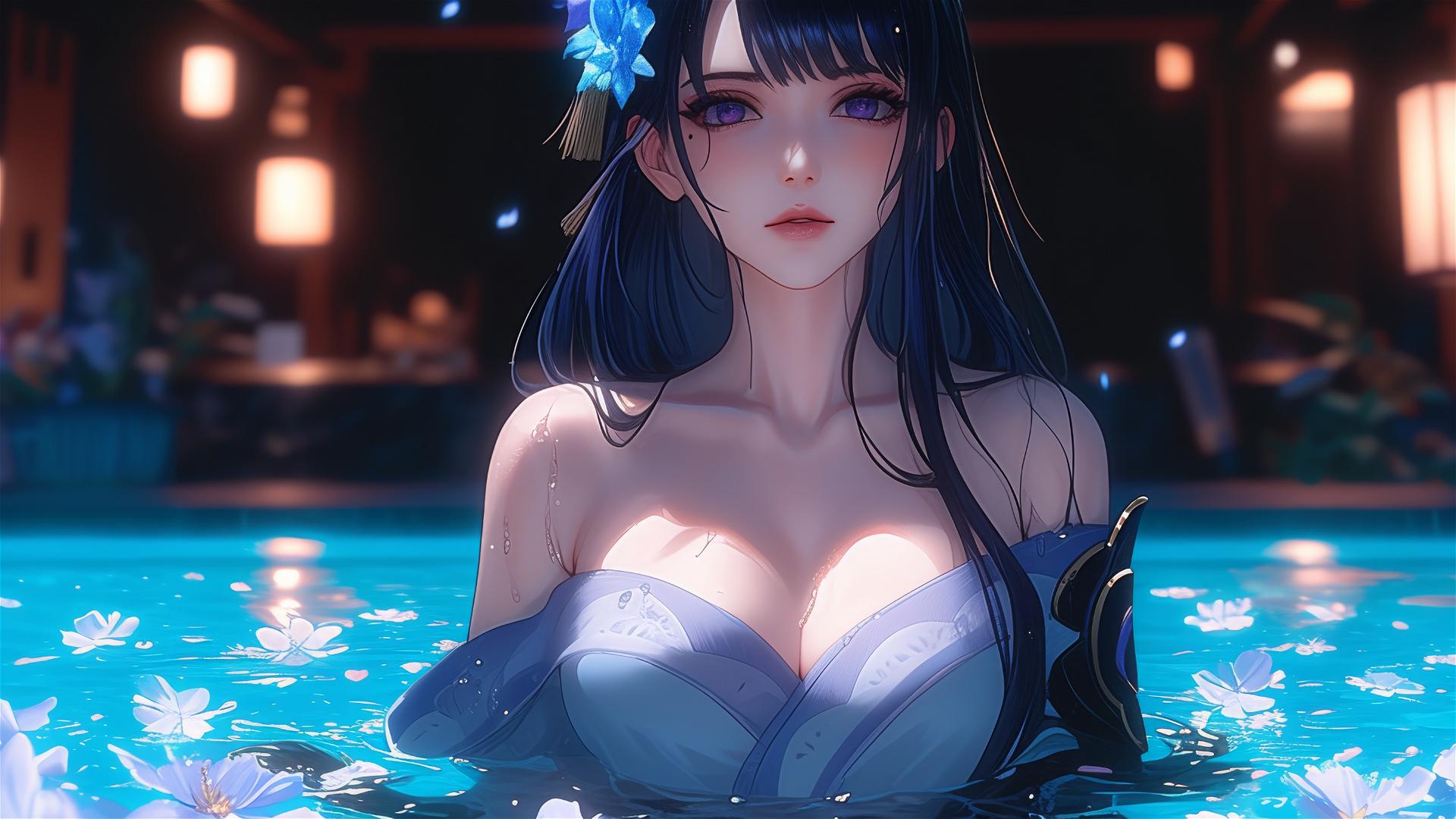 Raiden Shogun from Genshin Impact in a flower-filled tub at a Chinese spa