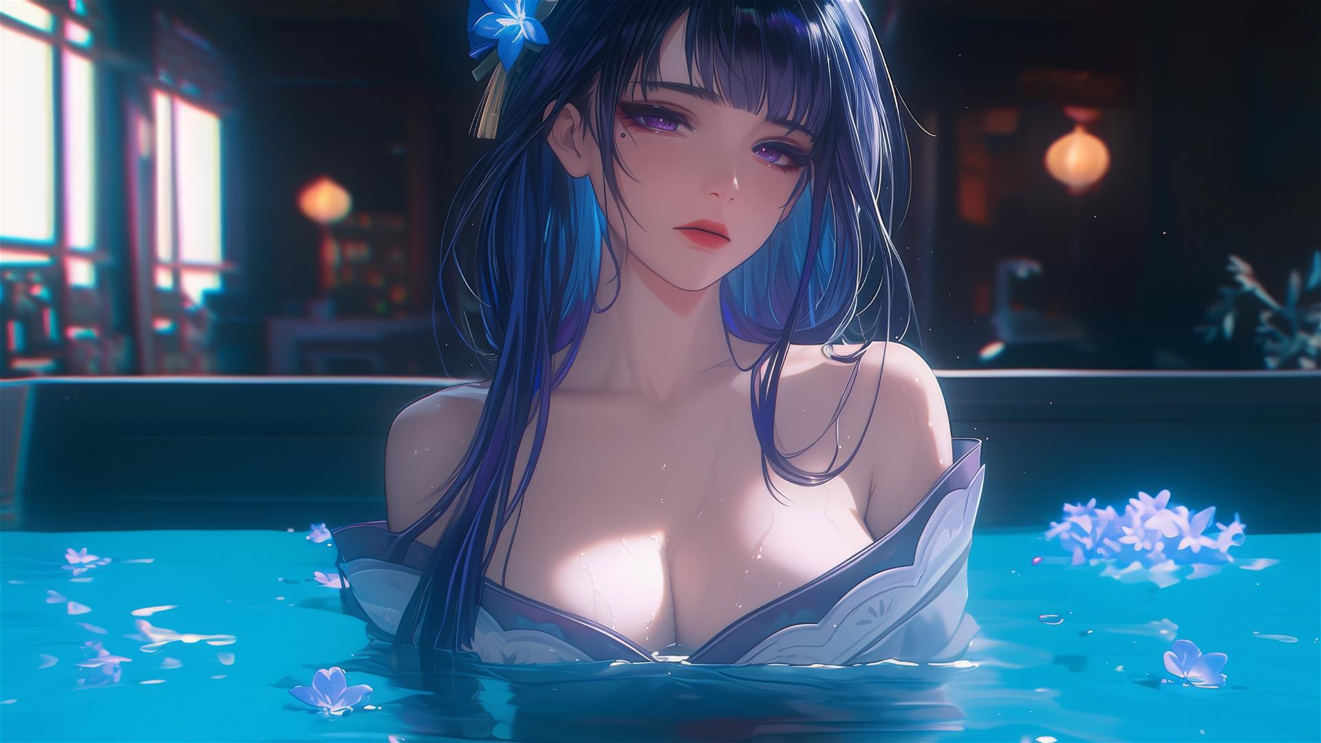 Raiden Shogun in a flower-filled tub, purple hair and eyes, wearing a flower