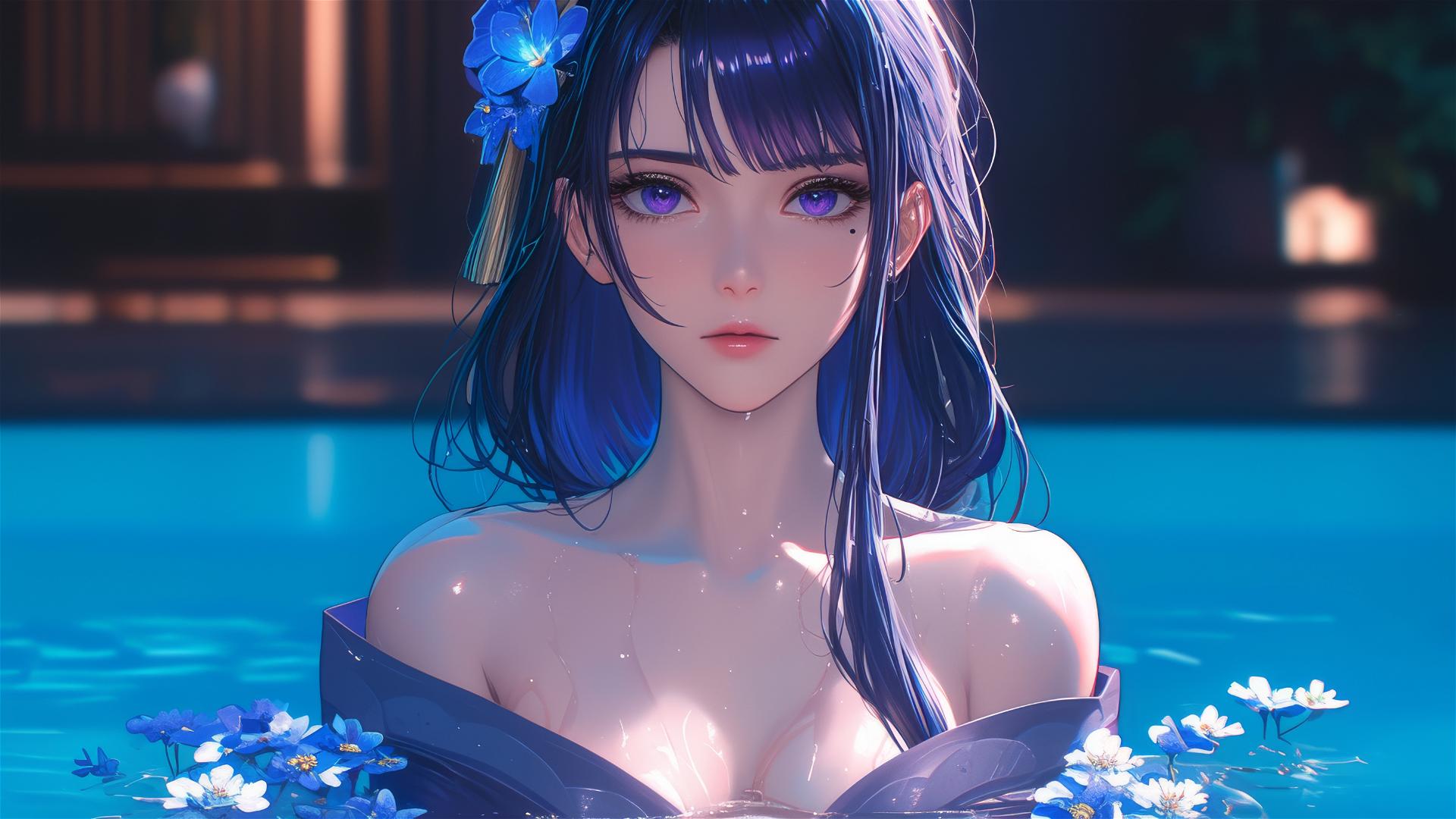 Raiden Shogun from Genshin Impact in a tub full of flowers with purple hair and eyes