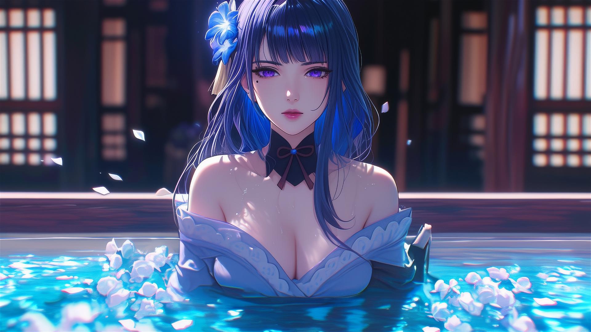 Raiden Shogun from Genshin Impact in tub with flowers, Chinese spa