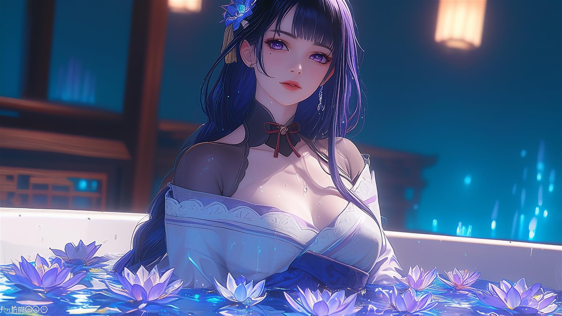 Raiden Shogun with purple hair and eyes in a flower-filled tub
