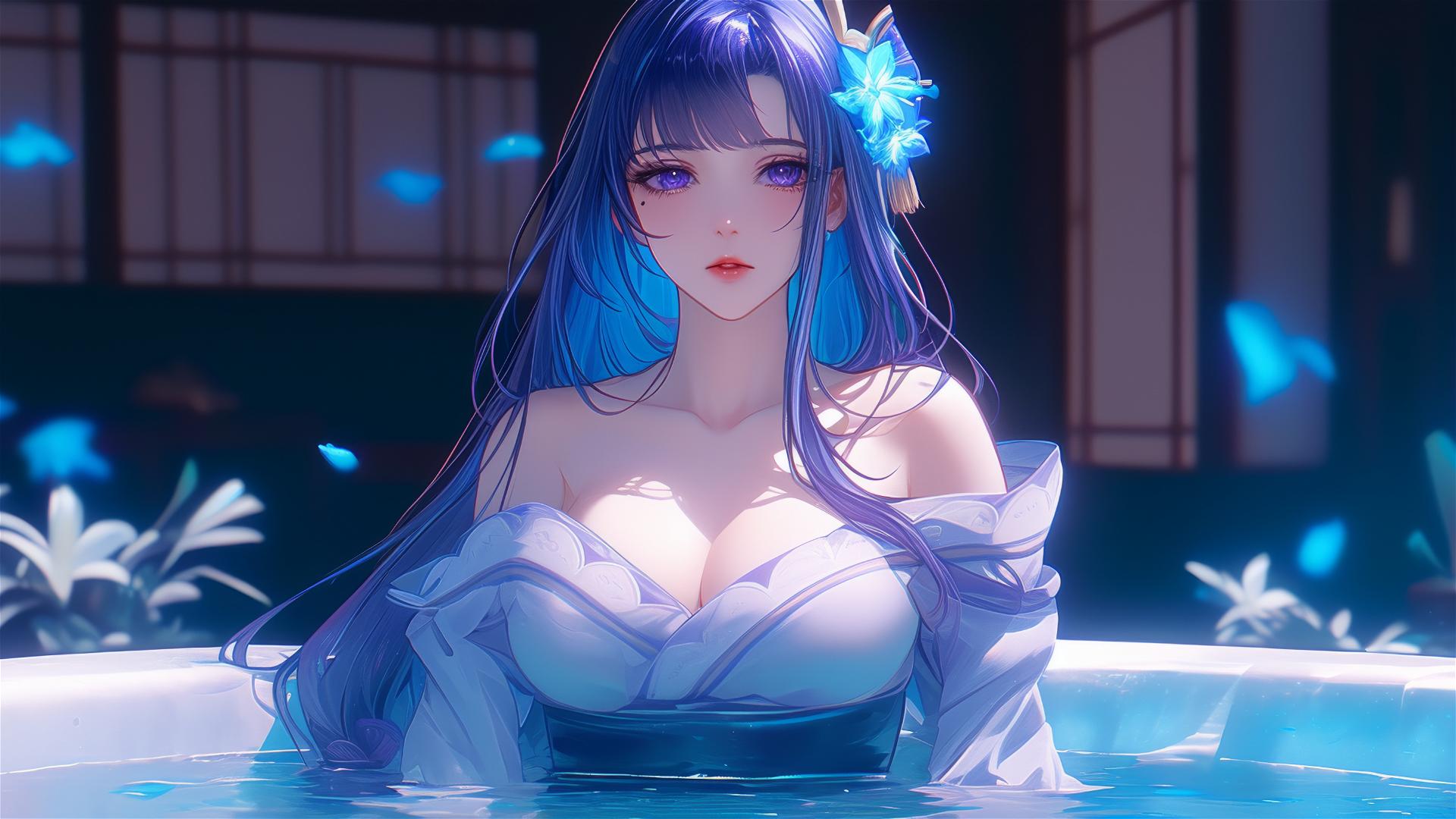 Raiden Shogun in flower-filled tub, purple hair and eyes, floral Chinese spa