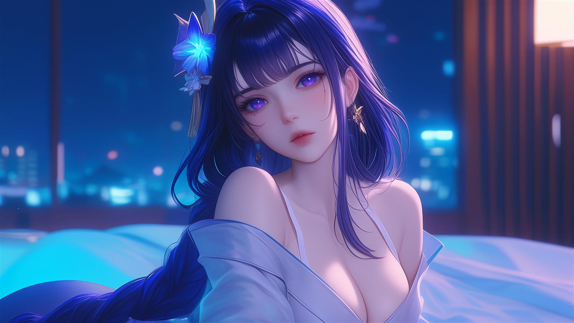 Raiden Shogun resting at modern hotel under moonlight