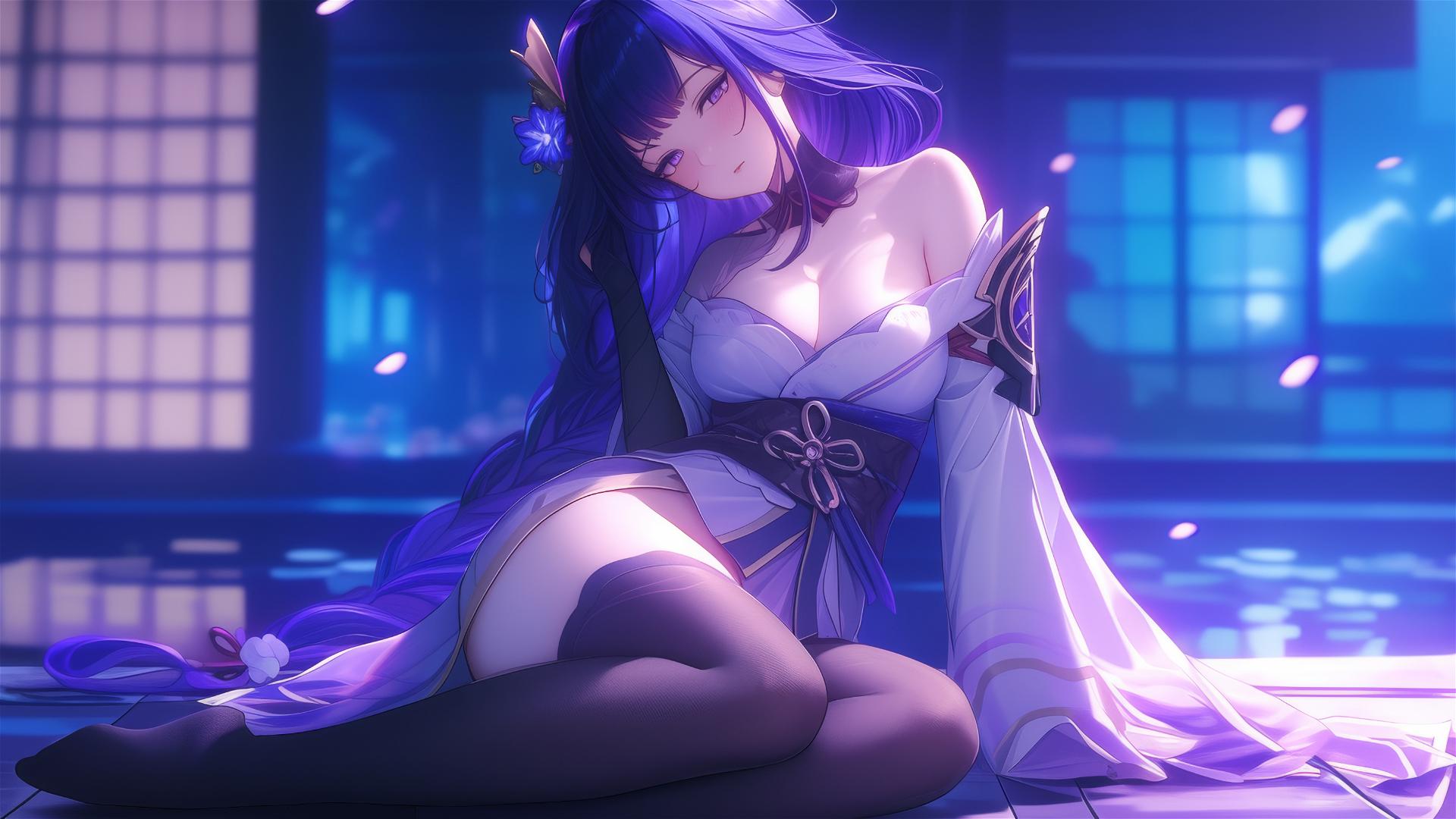 Raiden Shogun from Genshin Impact resting in a modern hotel under moonlight.
