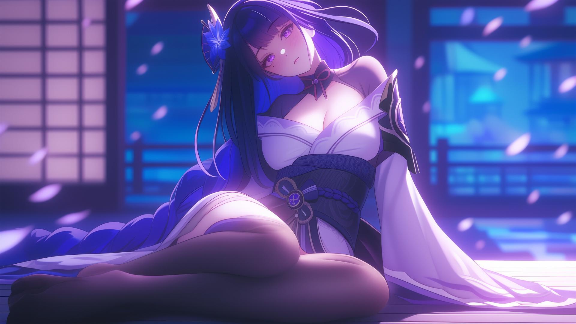 Raiden Shogun from Genshin Impact resting at a modern hotel, moonlight glow