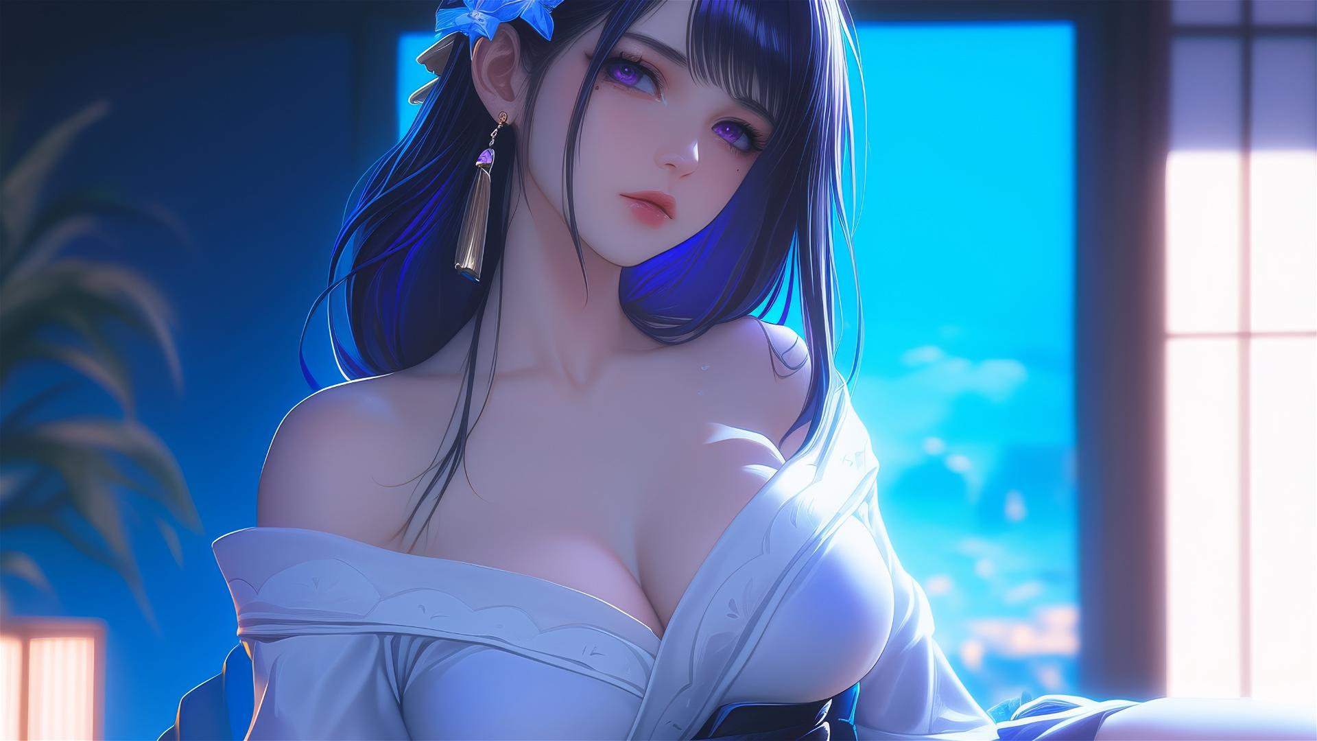 Raiden Shogun from Genshin Impact in a modern hotel with moonlight glow