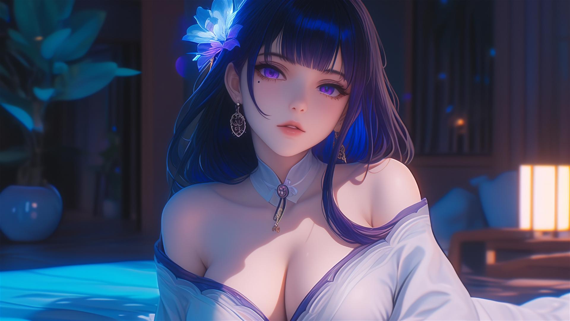 Raiden Shogun from Genshin Impact resting in a modern hotel with moonlight