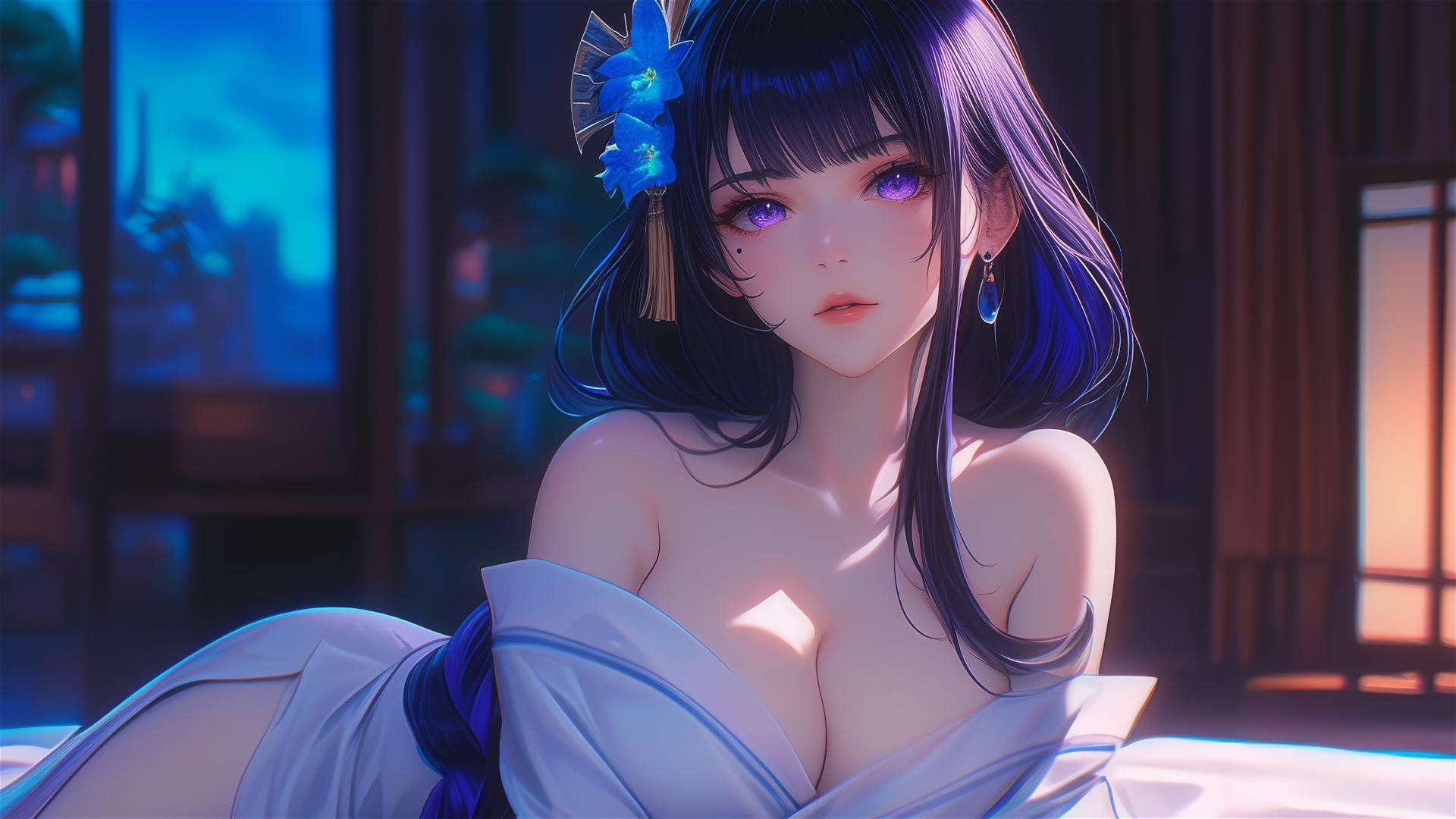 Raiden Shogun from Genshin Impact resting in a modern hotel under moonlight
