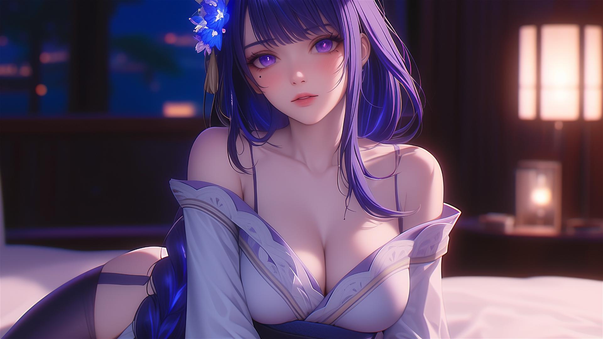 Raiden Shogun from Genshin Impact resting at a modern hotel under moonlight.