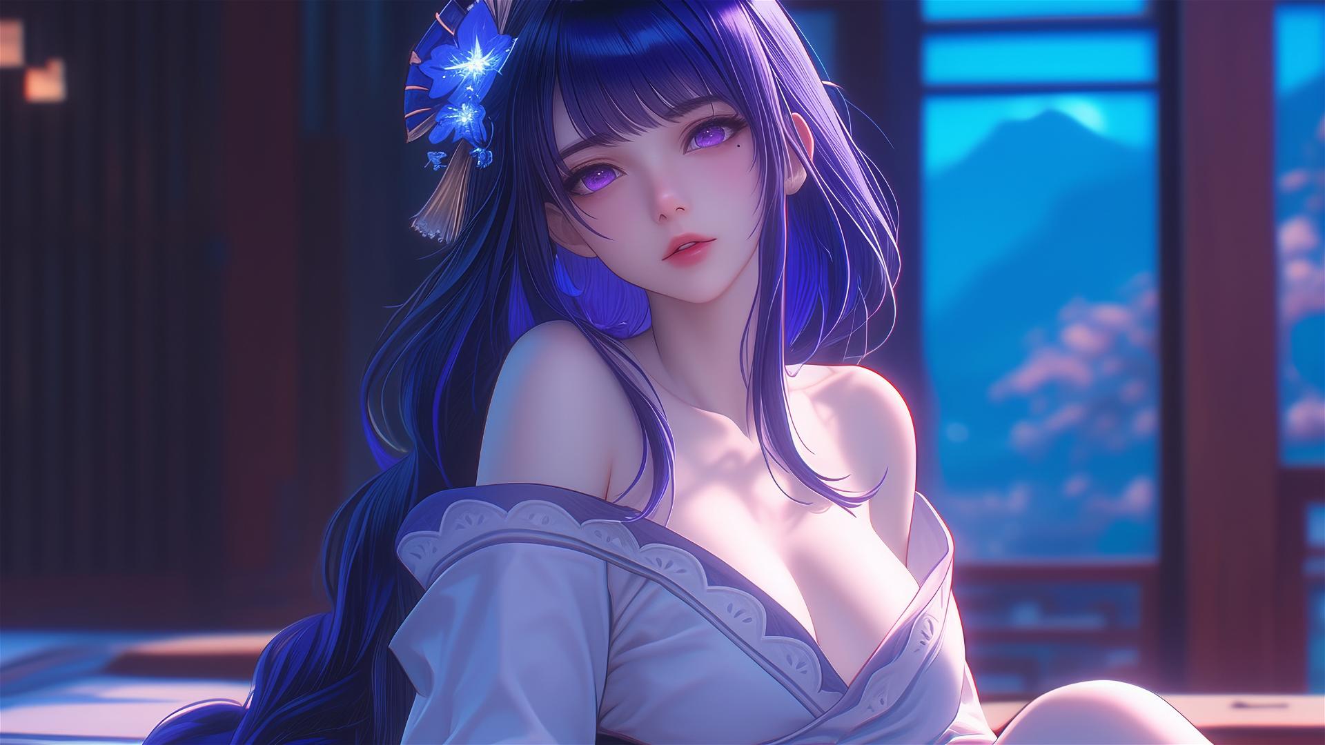 Raiden Shogun from Genshin Impact resting at a modern hotel with soft moonlight glow