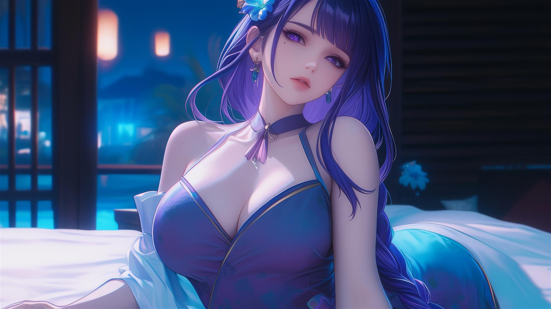 Raiden Shogun from Genshin Impact resting at modern hotel under moonlight.