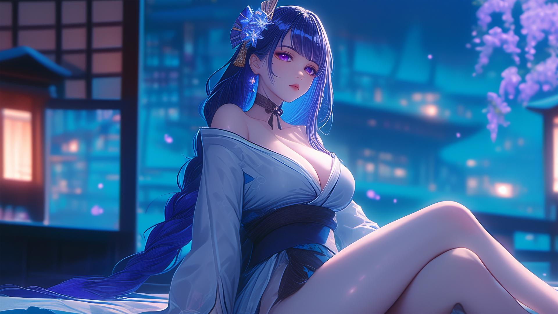 Raiden Shogun from Genshin Impact resting at a modern hotel under moonlight