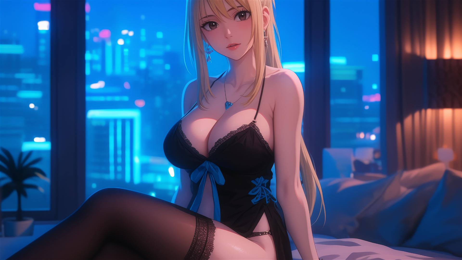 Lucy Heartfilia resting in a modern hotel room with moonlight glow.
