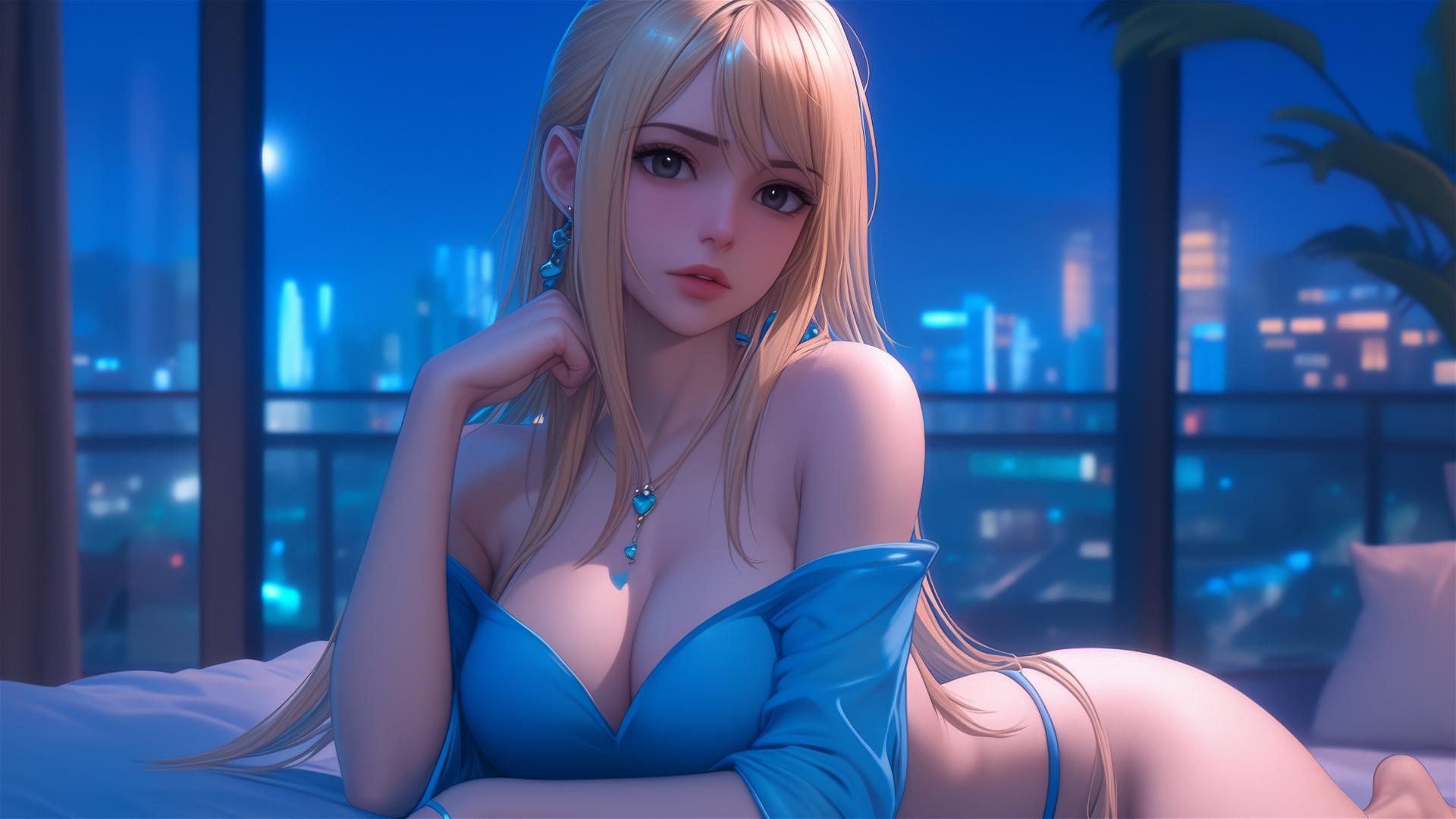 Lucy Heartfilia from Fairy Tail resting in a modern apartment with moonlight glow