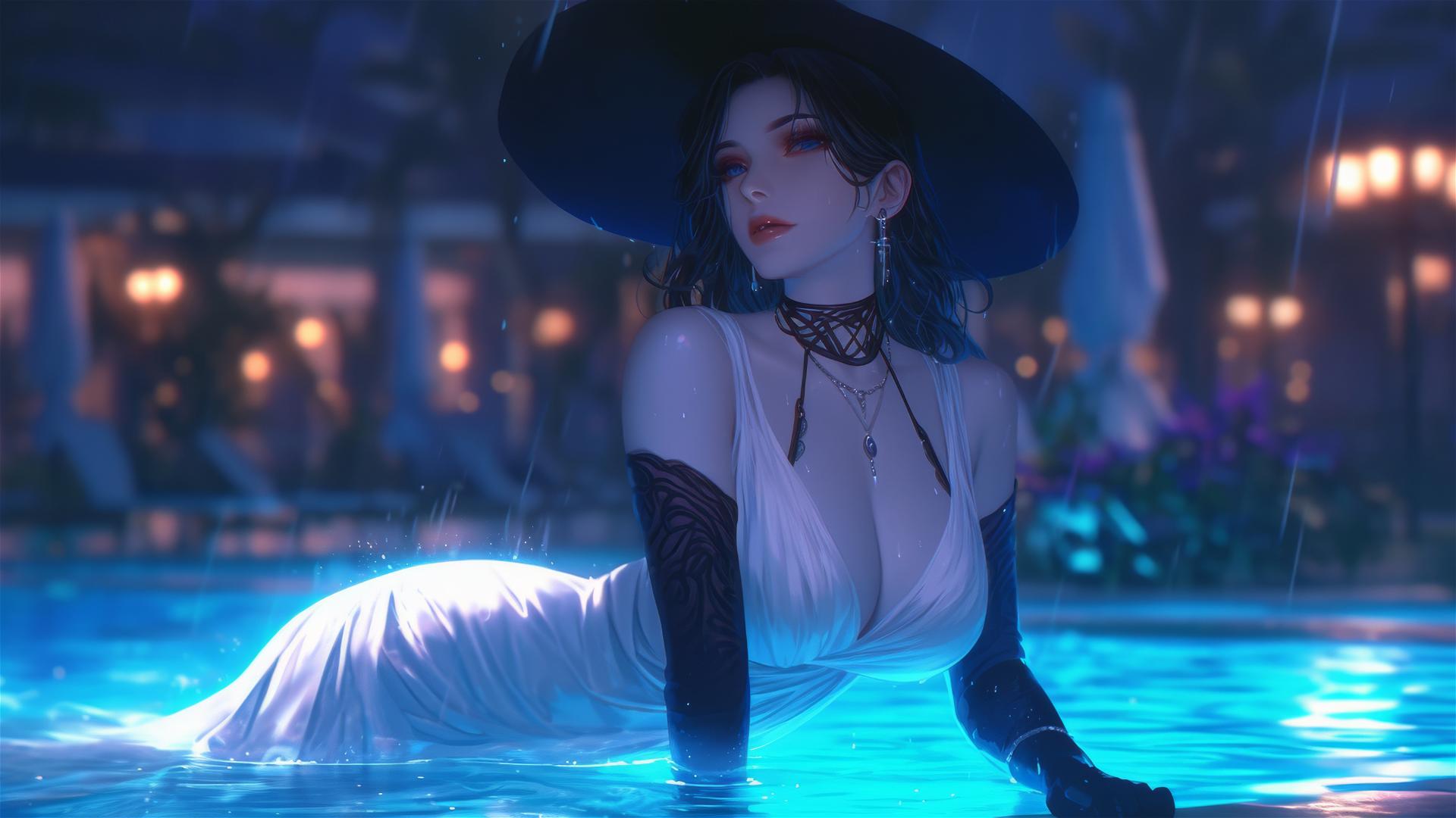 Lady Dimitrescu resting by a rainy swimming pool under moonlight